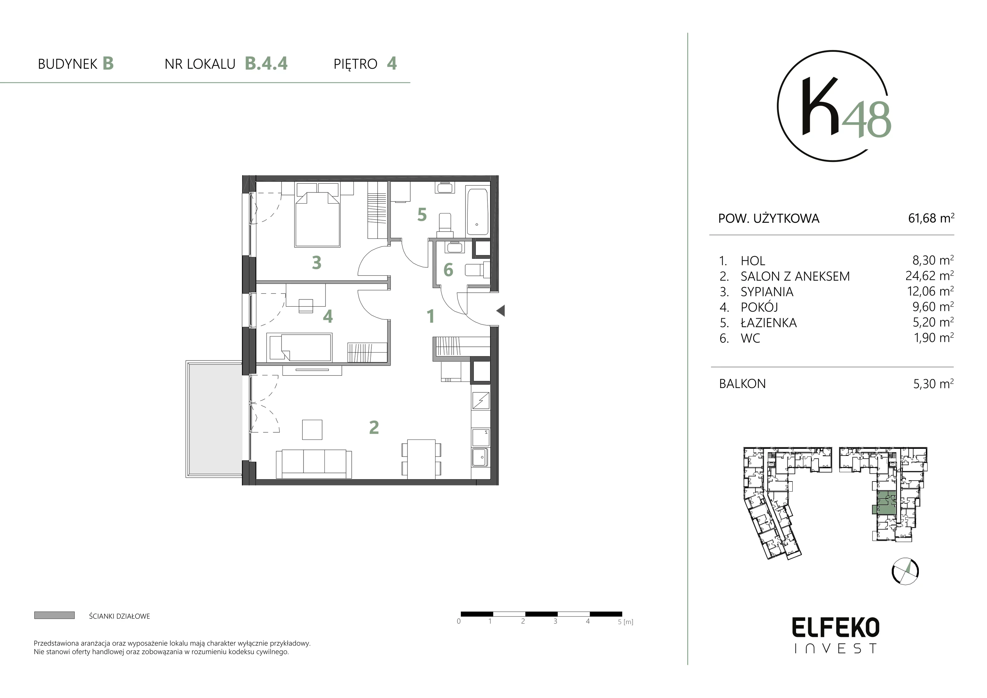 3 pokoje, mieszkanie 61,68 m², piętro 4, oferta nr B.4.4, K48, Gdańsk, Przymorze, ul. Kołobrzeska 48