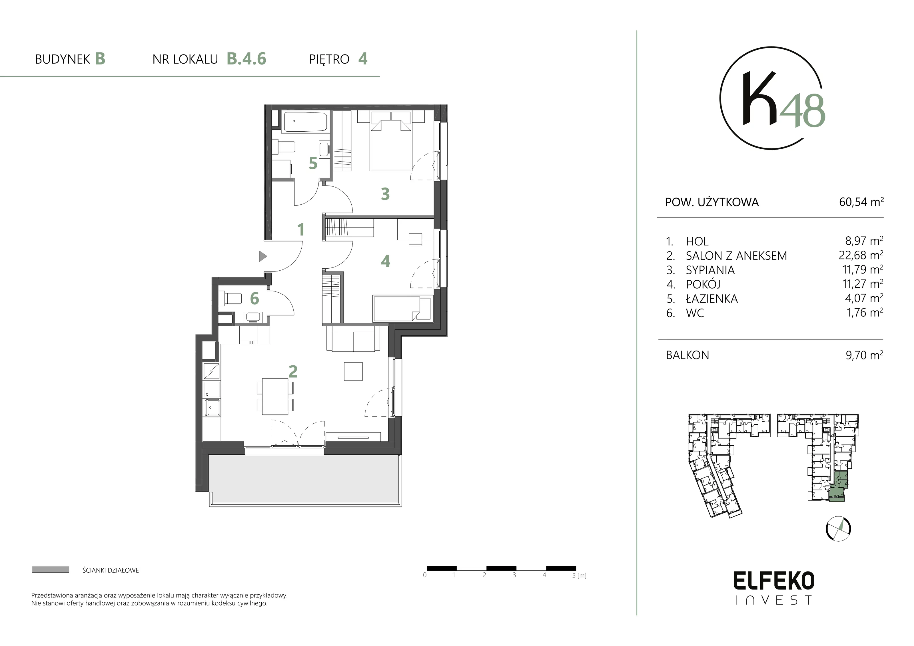 3 pokoje, mieszkanie 60,54 m², piętro 4, oferta nr B.4.6, K48, Gdańsk, Przymorze, ul. Kołobrzeska 48