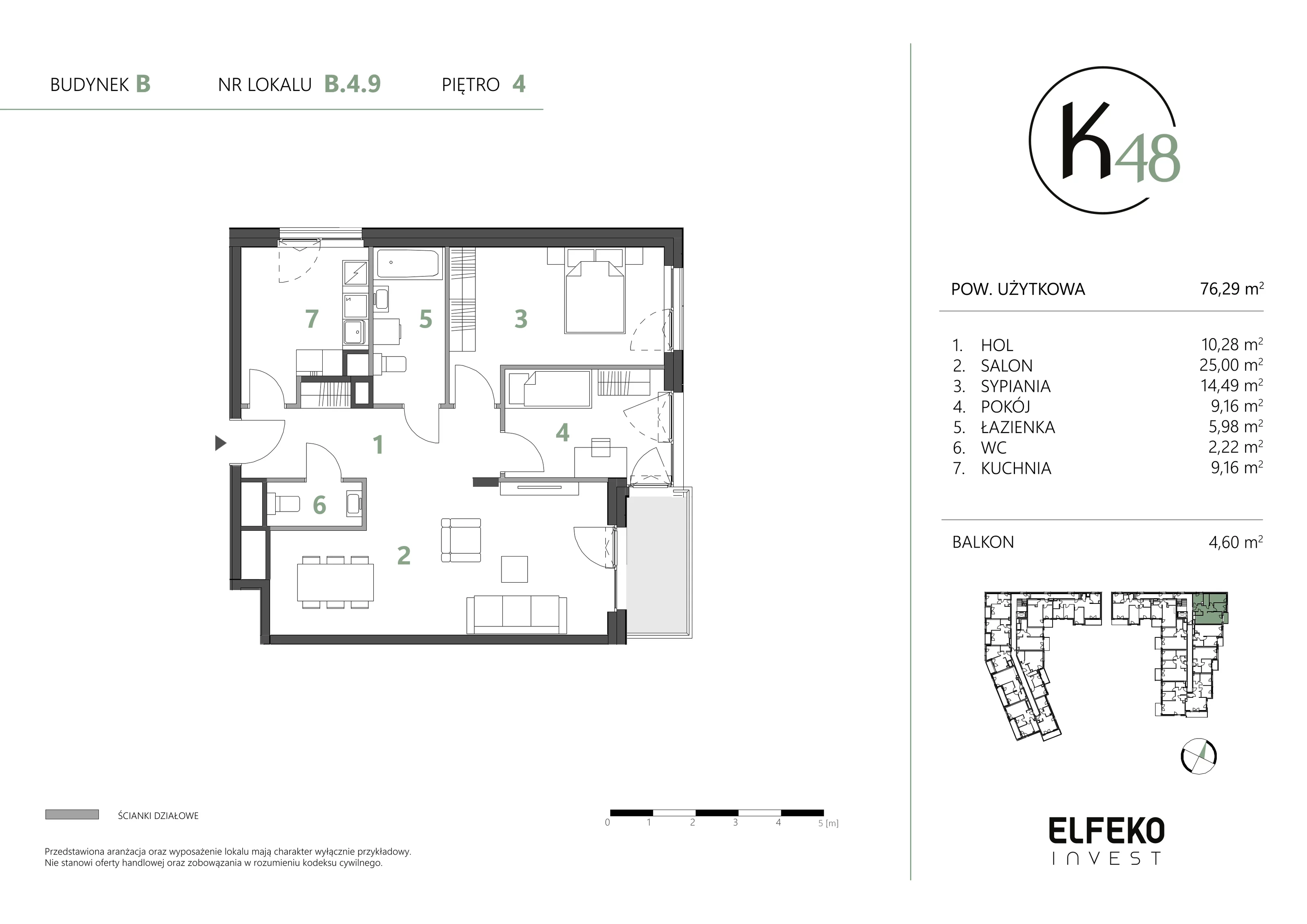 3 pokoje, mieszkanie 76,29 m², piętro 4, oferta nr B.4.9, K48, Gdańsk, Przymorze, ul. Kołobrzeska 48