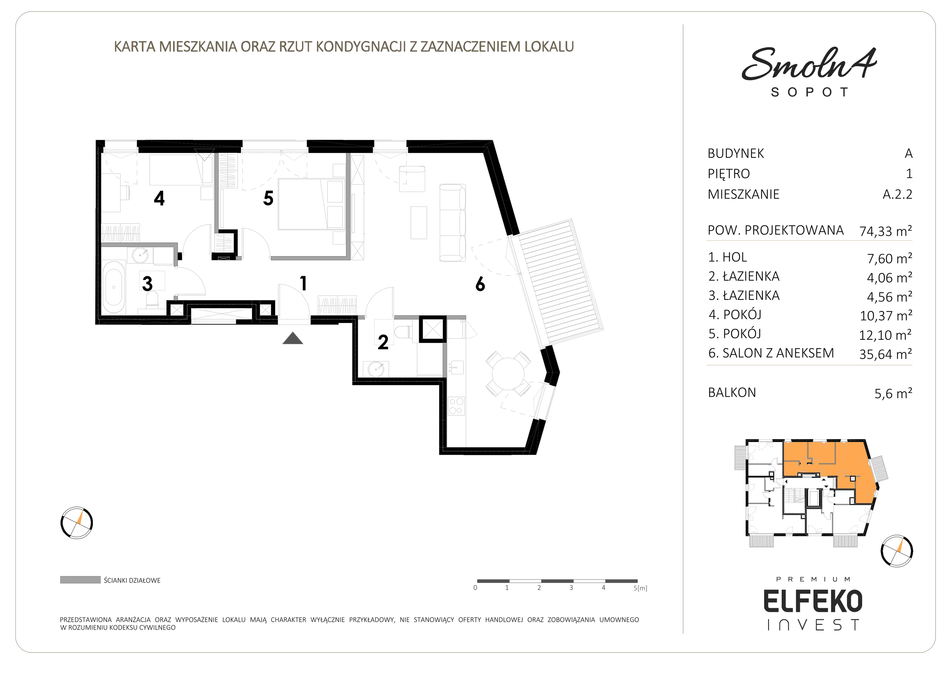 3 pokoje, apartament 74,33 m², piętro 1, oferta nr A.2.2, Smolna 4, Sopot, Świemirowo, ul. Smolna 4