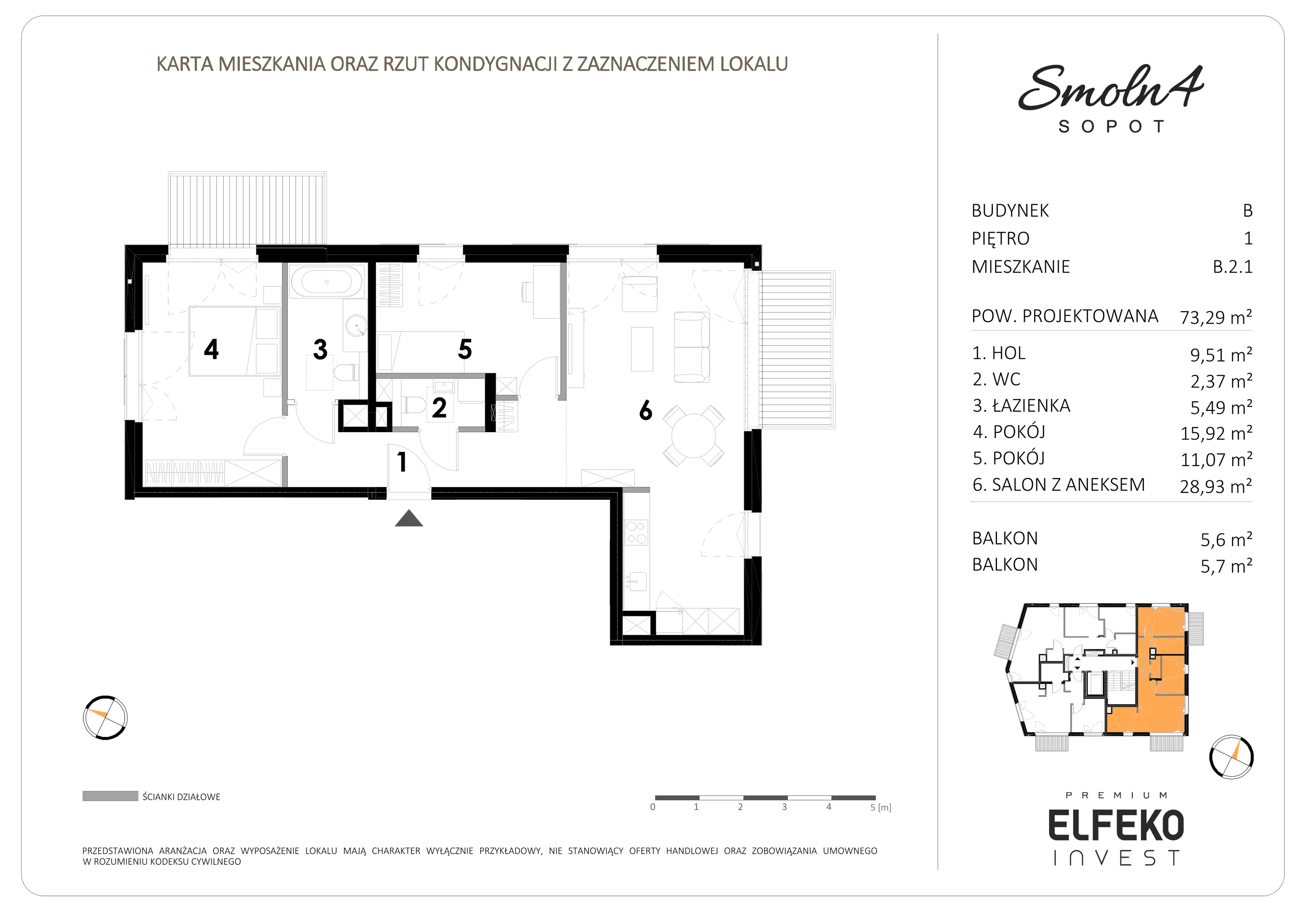 3 pokoje, mieszkanie 73,29 m², piętro 1, oferta nr B.2.1, Smolna 4, Sopot, Świemirowo, ul. Smolna 4