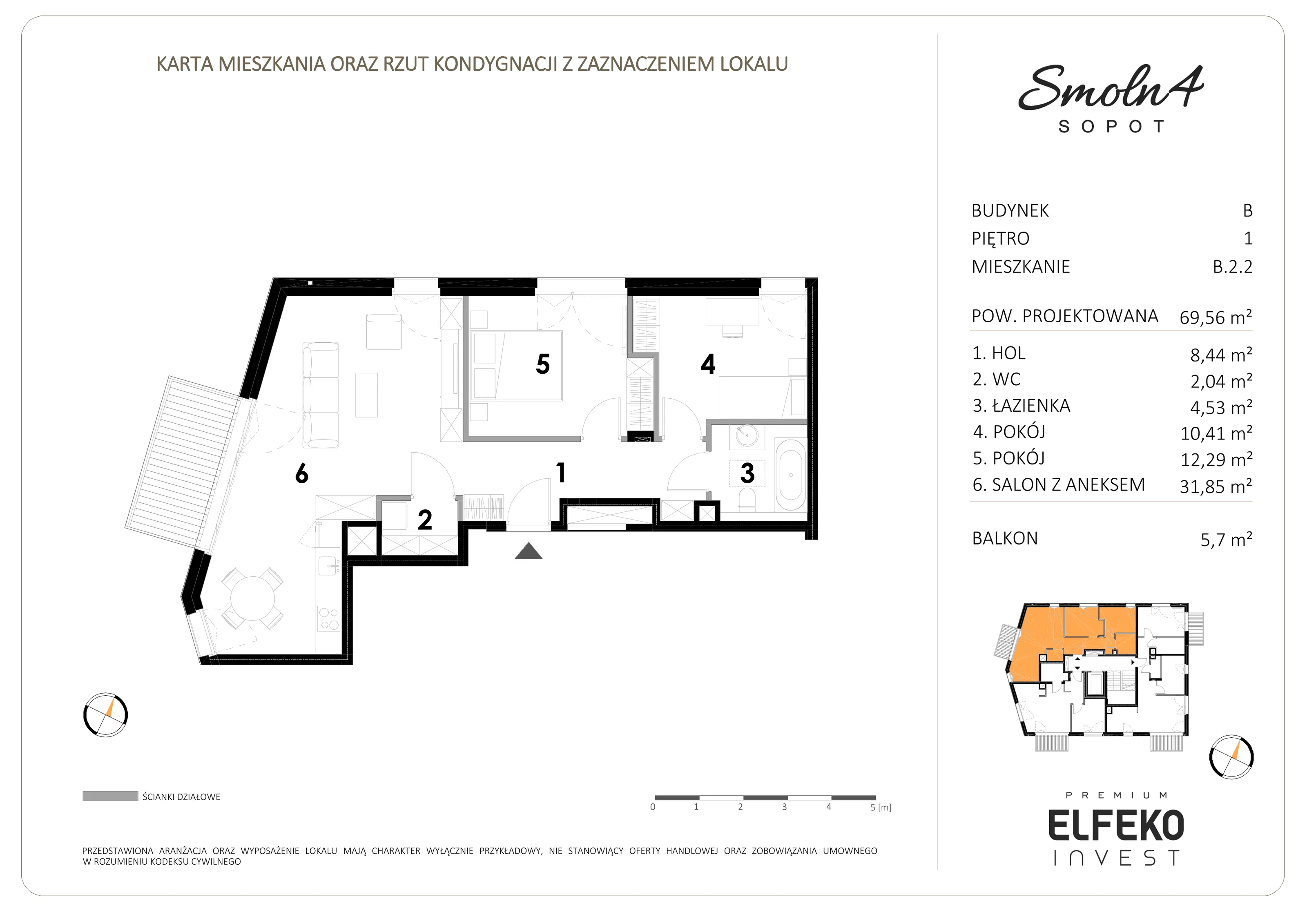 3 pokoje, mieszkanie 69,56 m², piętro 1, oferta nr B.2.2, Smolna 4, Sopot, Świemirowo, ul. Smolna 4