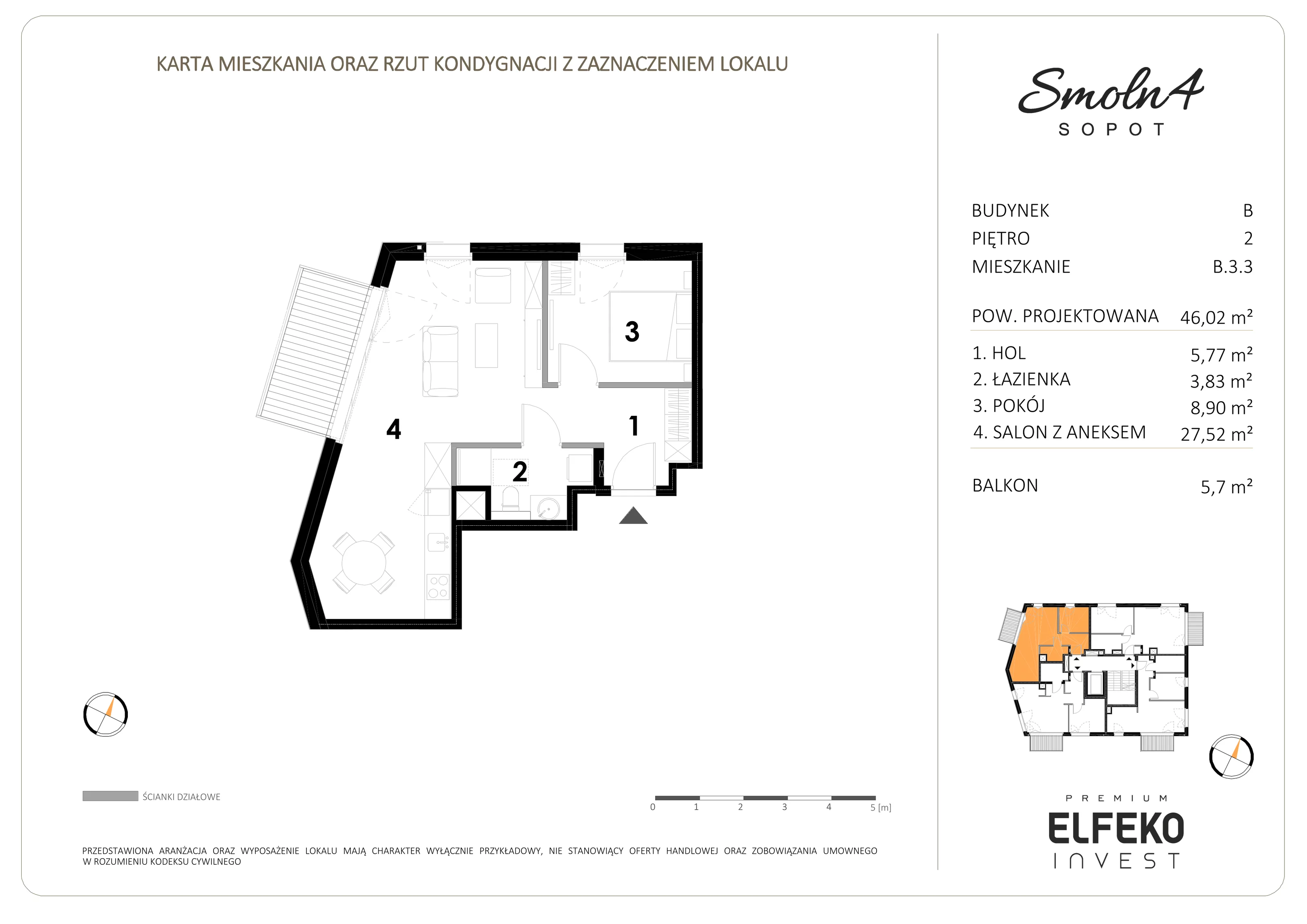 2 pokoje, mieszkanie 46,02 m², piętro 2, oferta nr B.3.3, Smolna 4, Sopot, Świemirowo, ul. Smolna 4