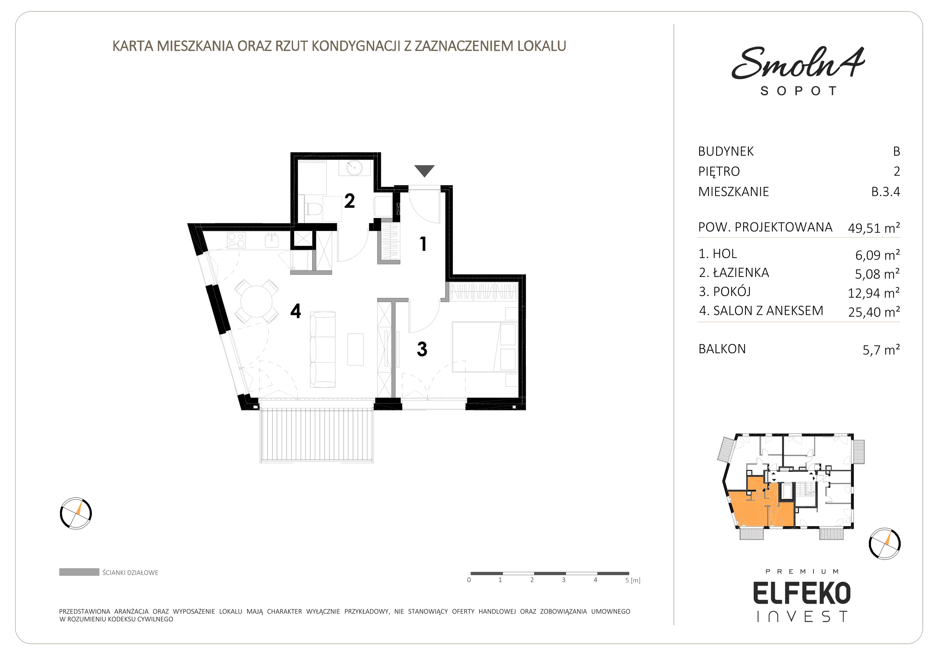 2 pokoje, mieszkanie 49,51 m², piętro 2, oferta nr B.3.4, Smolna 4, Sopot, Świemirowo, ul. Smolna 4