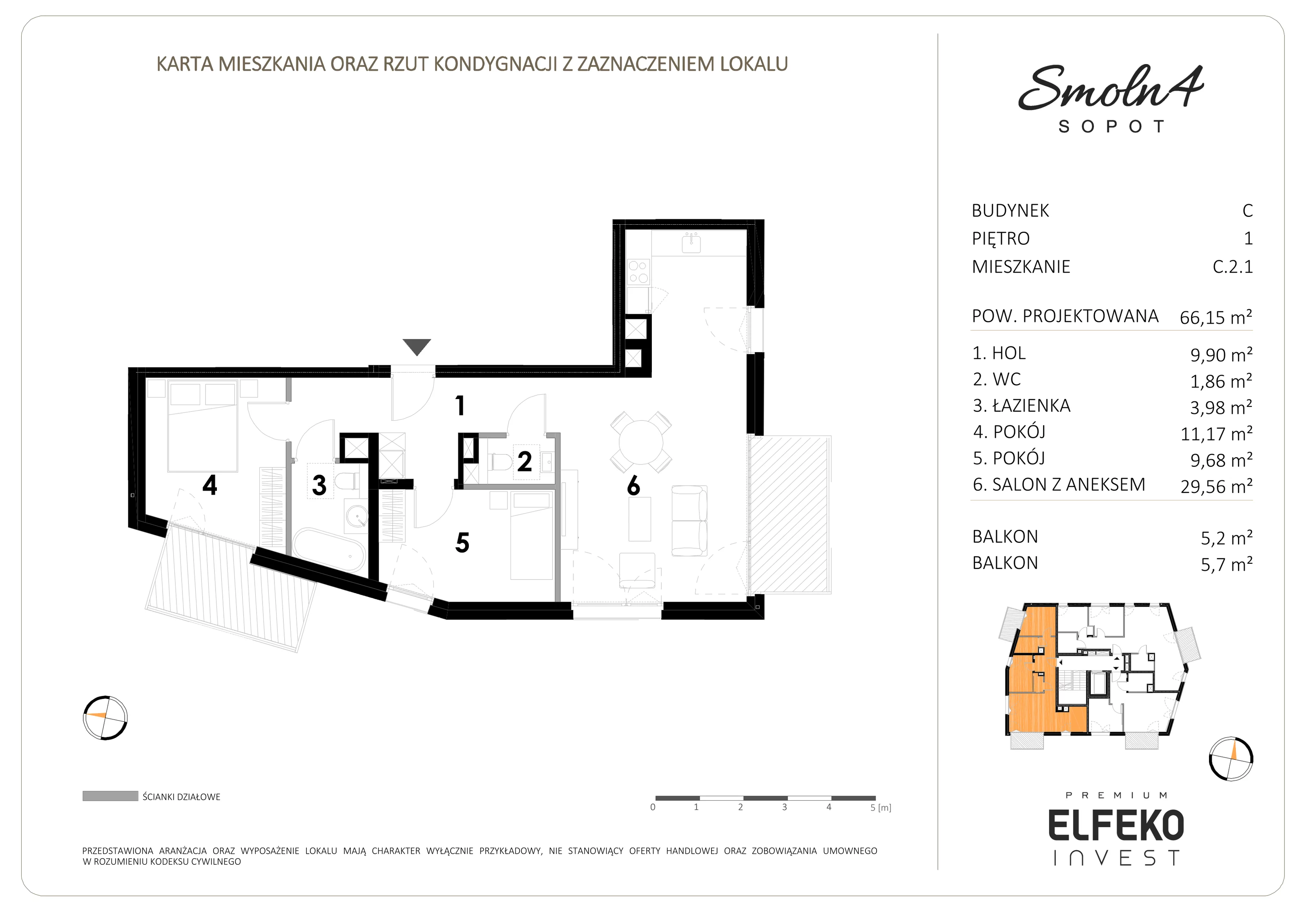 3 pokoje, apartament 66,15 m², piętro 1, oferta nr C.2.1, Smolna 4, Sopot, Świemirowo, ul. Smolna 4