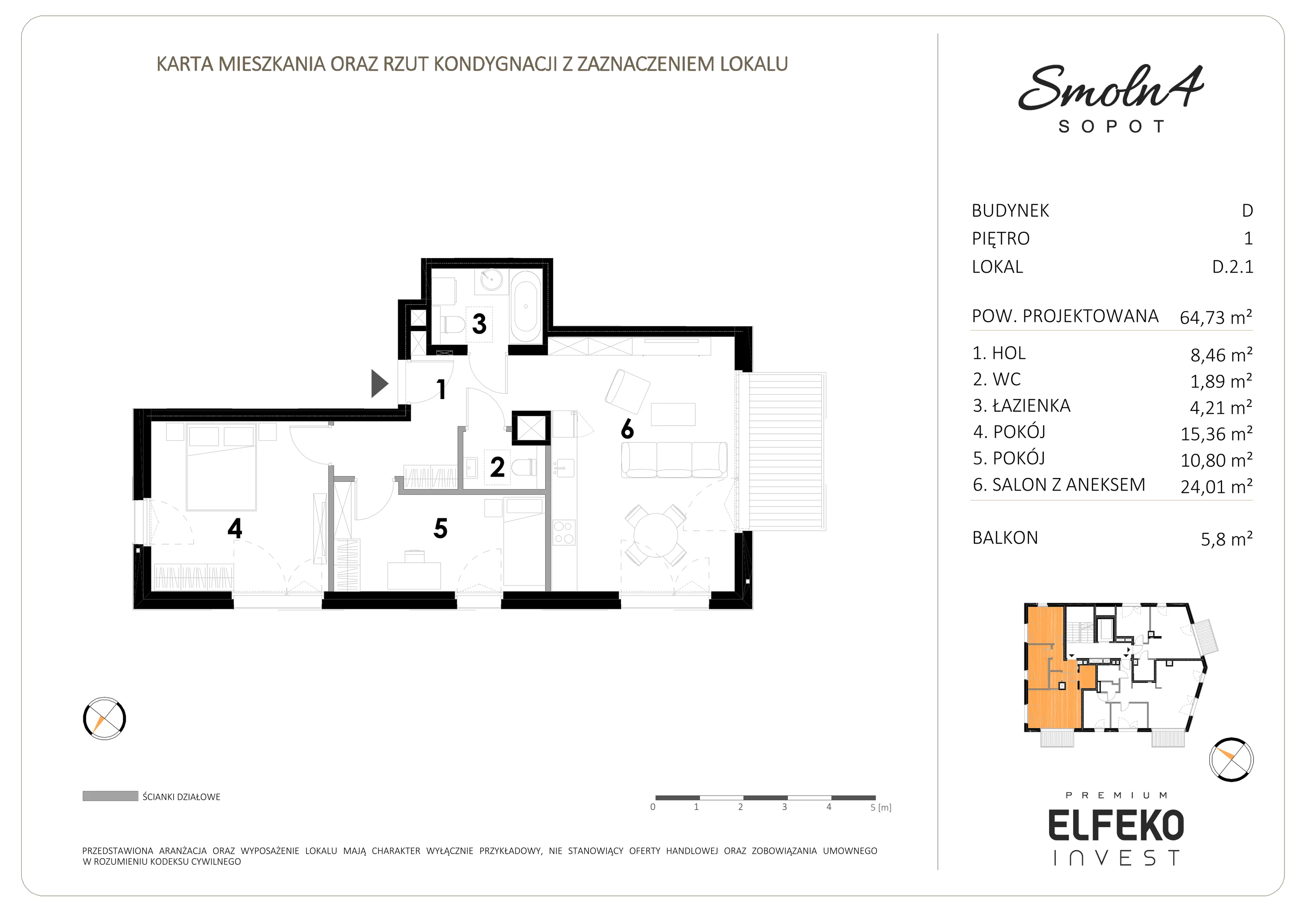 3 pokoje, apartament 64,73 m², piętro 1, oferta nr D.2.1, Smolna 4, Sopot, Świemirowo, ul. Smolna 4