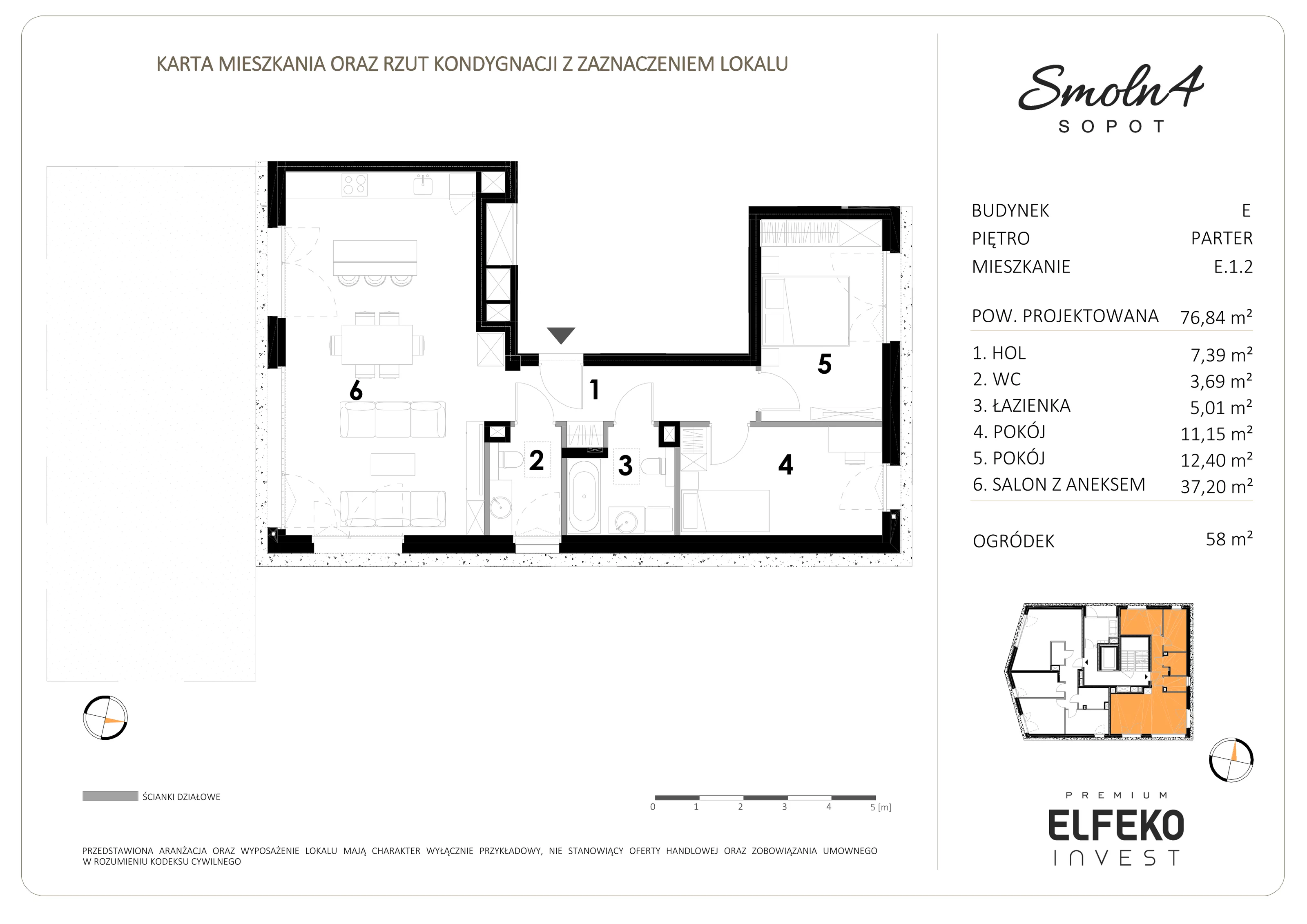 3 pokoje, apartament 76,84 m², parter, oferta nr E.1.2, Smolna 4, Sopot, Świemirowo, ul. Smolna 4