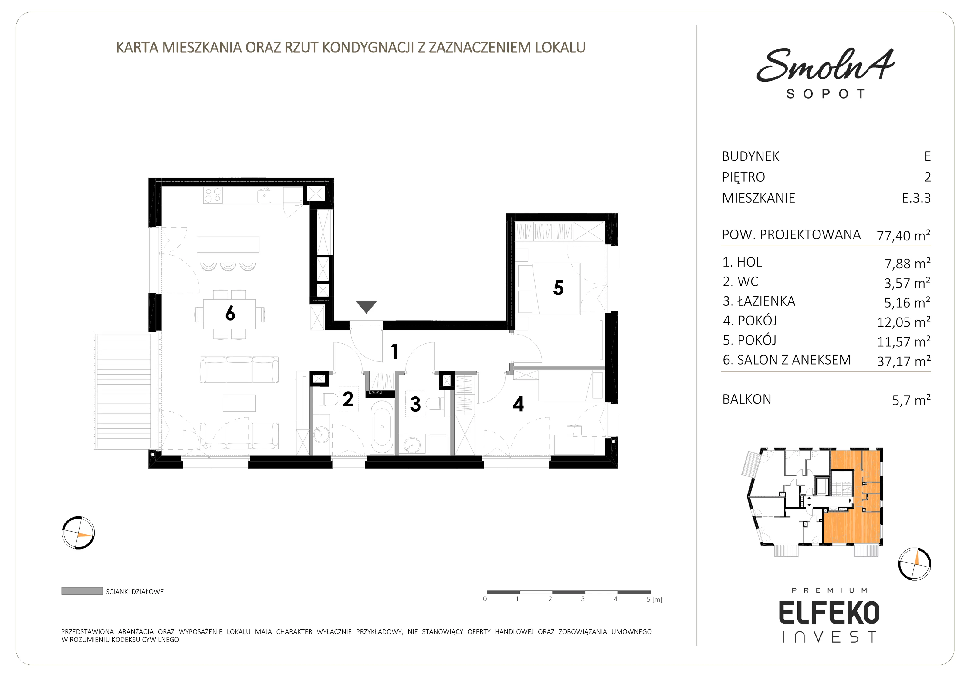 3 pokoje, apartament 77,40 m², piętro 2, oferta nr E.3.3, Smolna 4, Sopot, Świemirowo, ul. Smolna 4