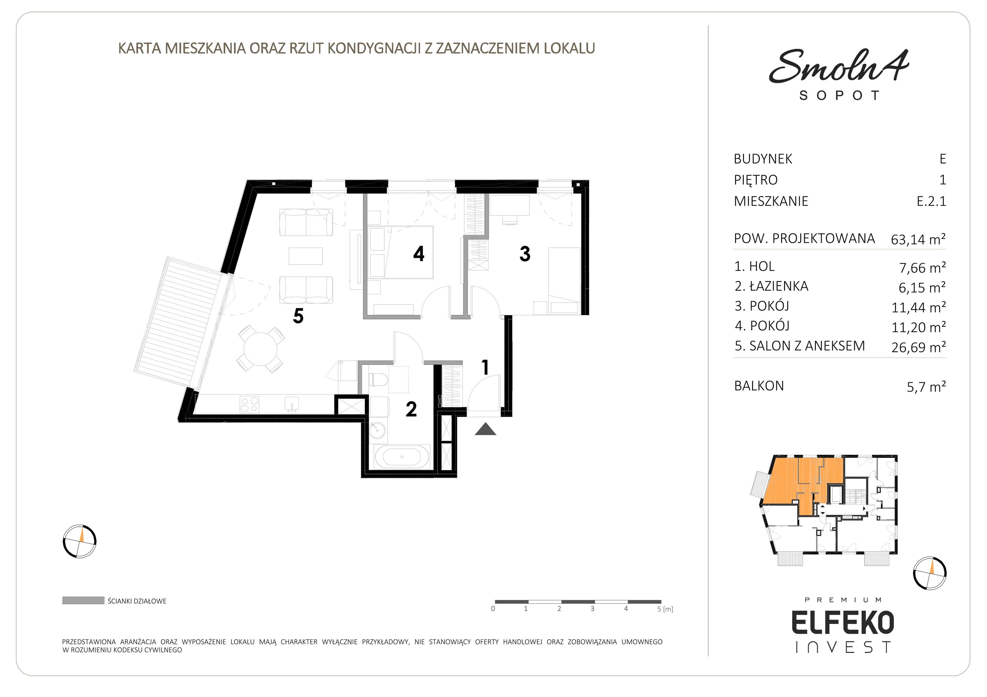 3 pokoje, apartament 63,14 m², piętro 1, oferta nr E.2.1, Smolna 4, Sopot, Świemirowo, ul. Smolna 4