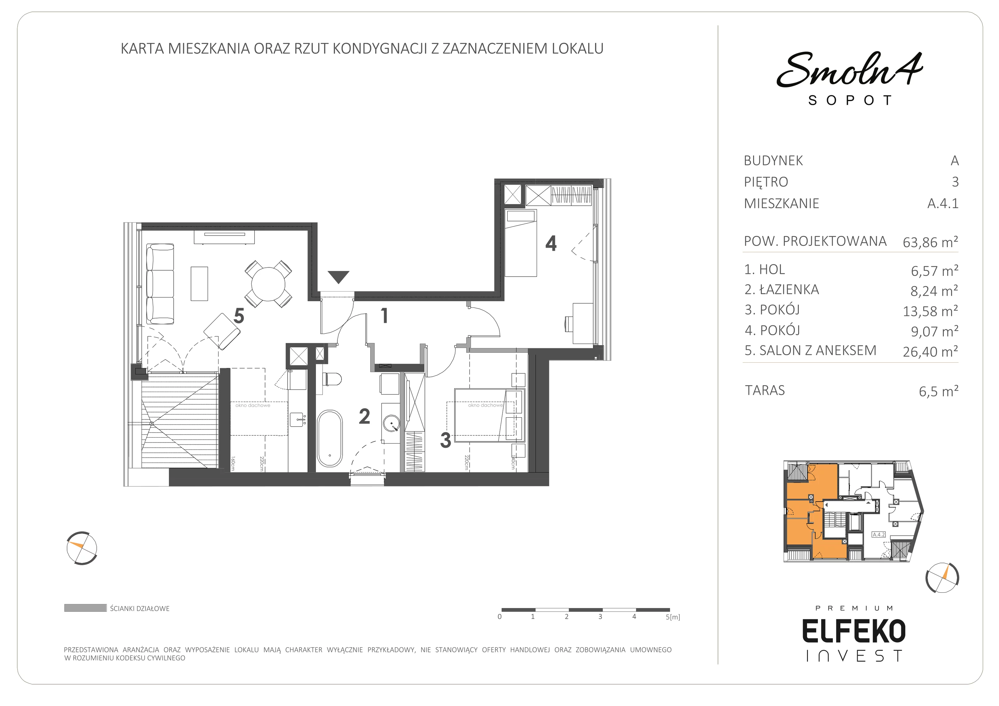3 pokoje, mieszkanie 63,86 m², piętro 3, oferta nr A.4.1, Smolna 4, Sopot, Świemirowo, ul. Smolna 4