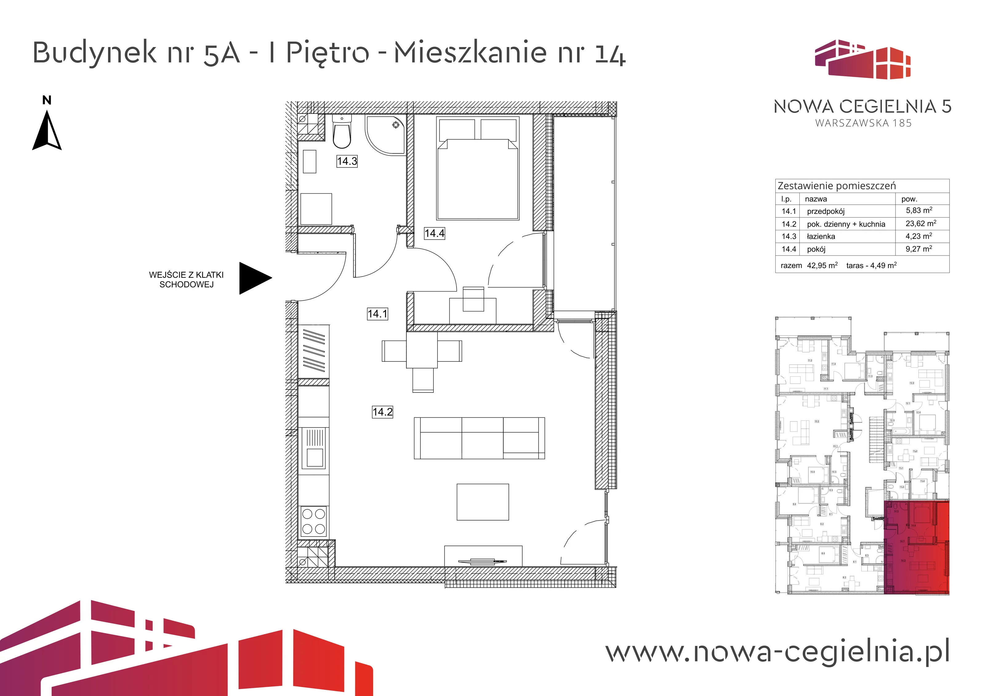 Mieszkanie 42,95 m², piętro 1, oferta nr 5A/M14, Nowa Cegielnia, Gorzów Wielkopolski, Janice, ul. Warszawska 185