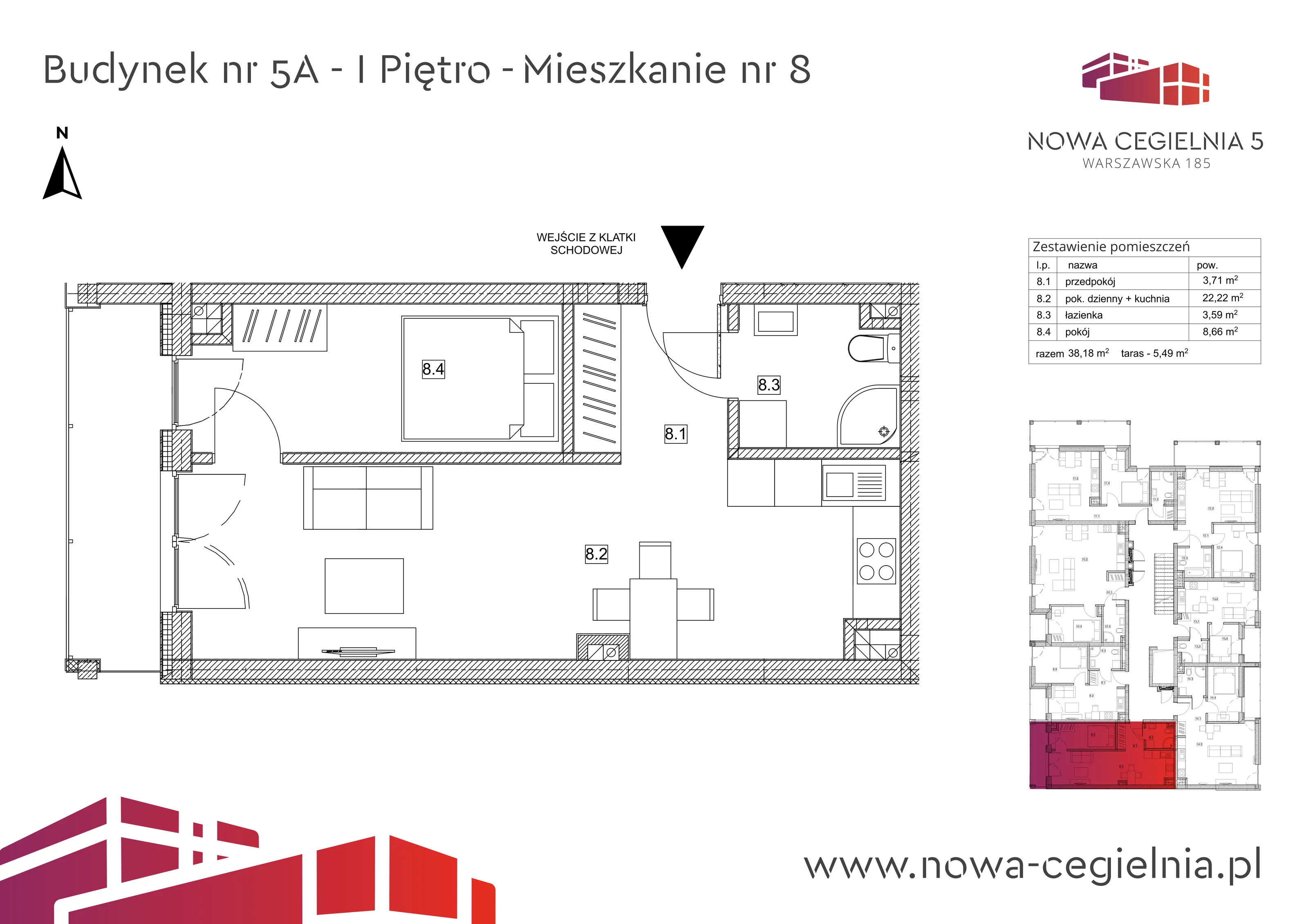 Mieszkanie 38,18 m², piętro 1, oferta nr 5A/M8, Nowa Cegielnia, Gorzów Wielkopolski, Janice, ul. Warszawska 185