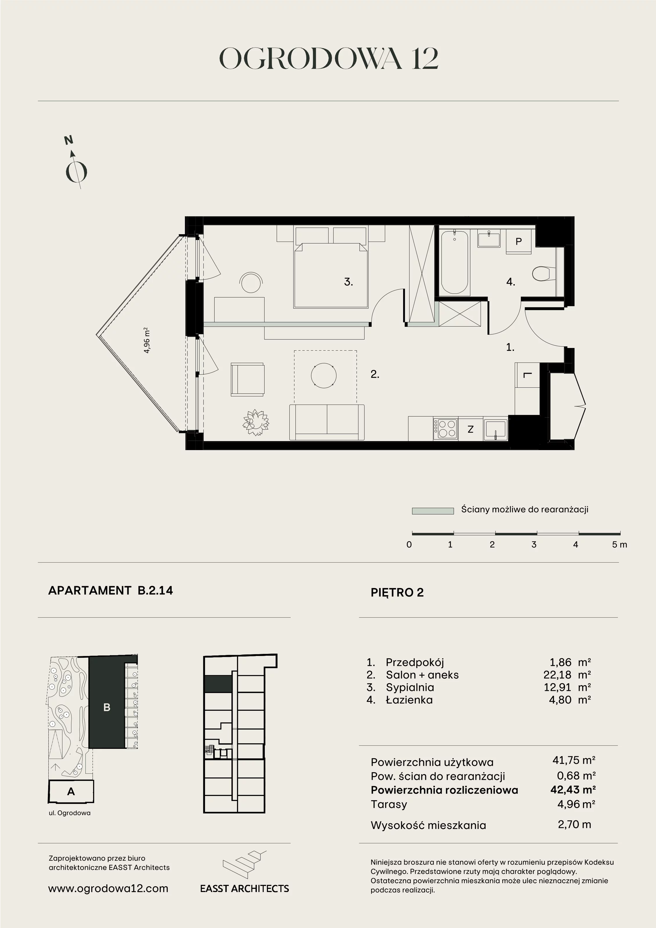 Mieszkanie 42,43 m², piętro 2, oferta nr B/2/14, Ogrodowa 12, Poznań, Stare Miasto, Stare Miasto, ul. Ogrodowa 12