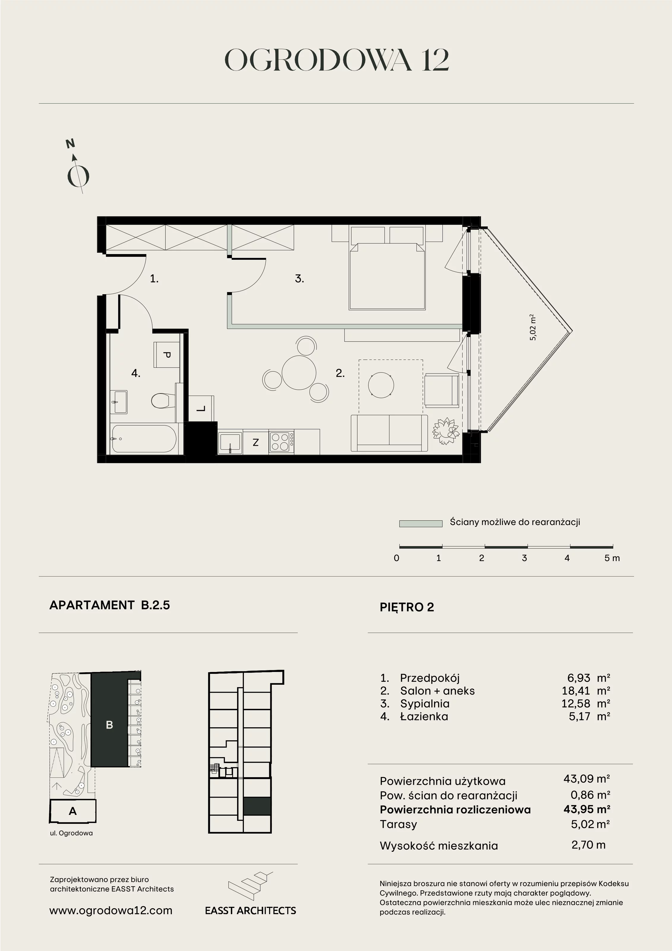 Mieszkanie 43,95 m², piętro 2, oferta nr B/2/5, Ogrodowa 12, Poznań, Stare Miasto, Stare Miasto, ul. Ogrodowa 12