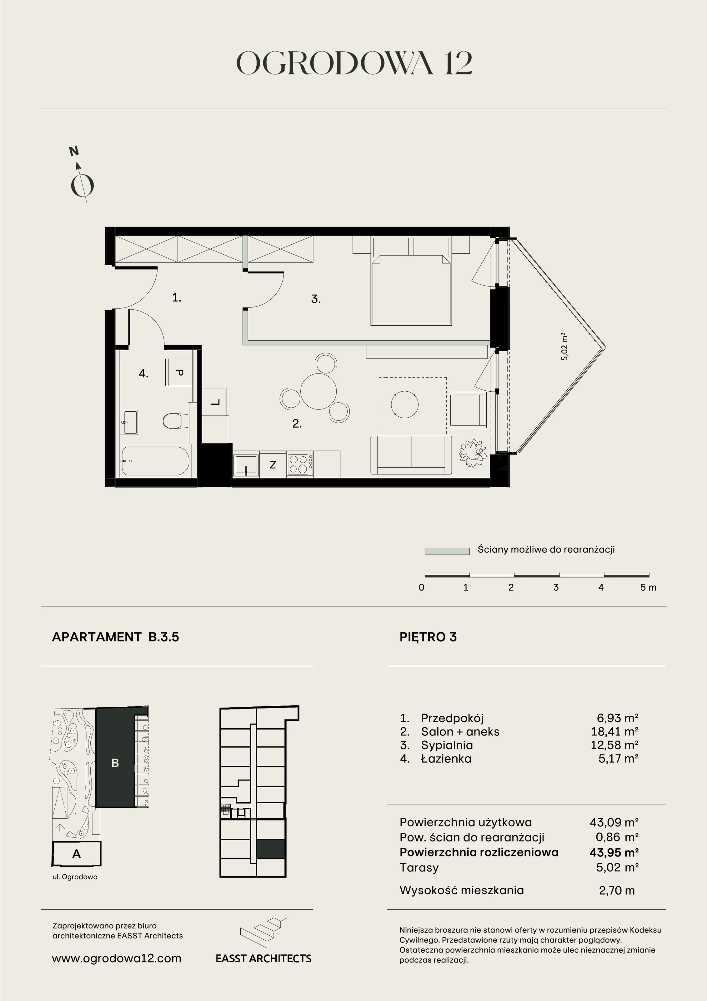 Mieszkanie 43,95 m², piętro 3, oferta nr B/3/5, Ogrodowa 12, Poznań, Stare Miasto, Stare Miasto, ul. Ogrodowa 12