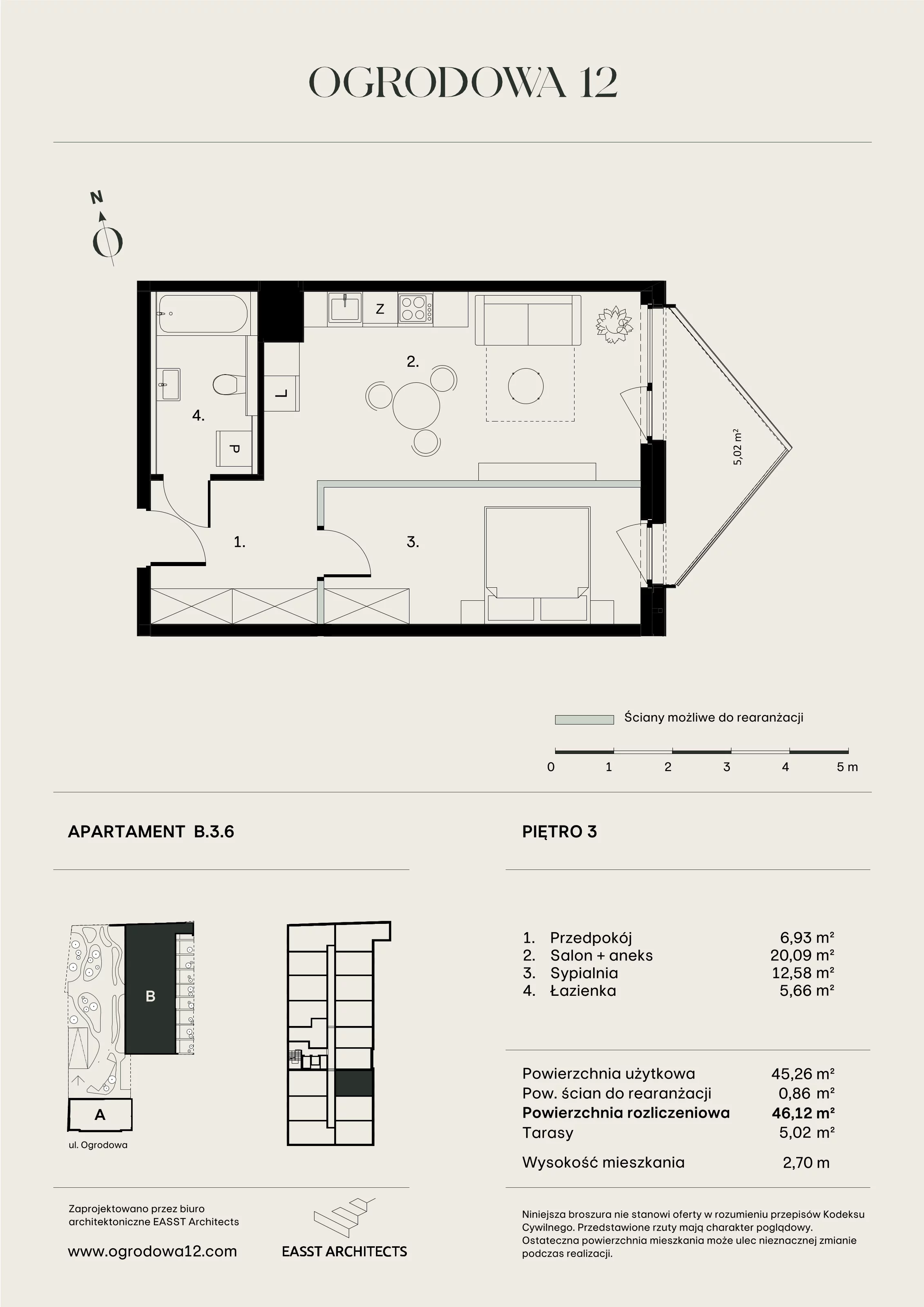 Mieszkanie 46,12 m², piętro 3, oferta nr B/3/6, Ogrodowa 12, Poznań, Stare Miasto, Stare Miasto, ul. Ogrodowa 12