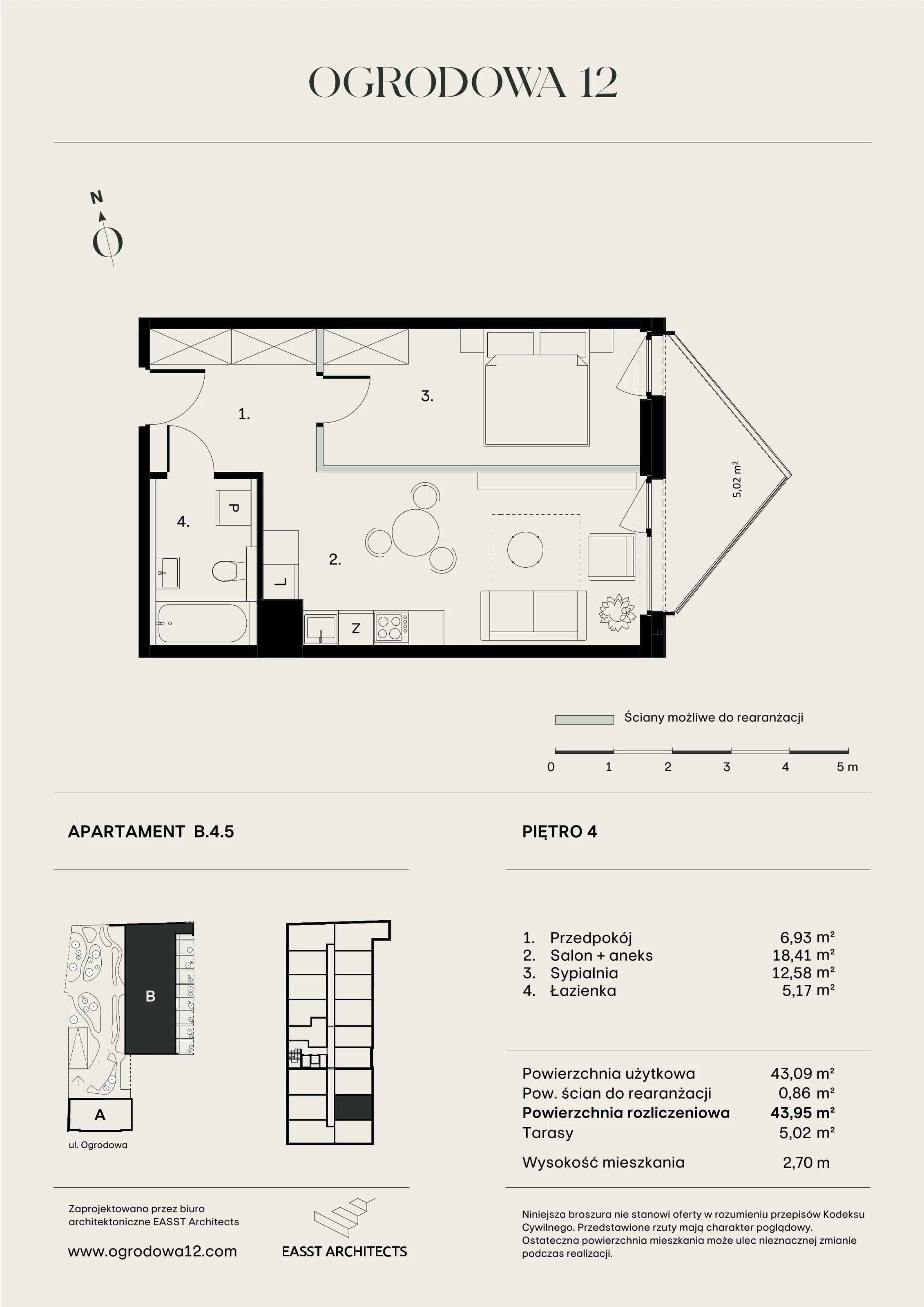 Mieszkanie 43,95 m², piętro 4, oferta nr B/4/5, Ogrodowa 12, Poznań, Stare Miasto, Stare Miasto, ul. Ogrodowa 12