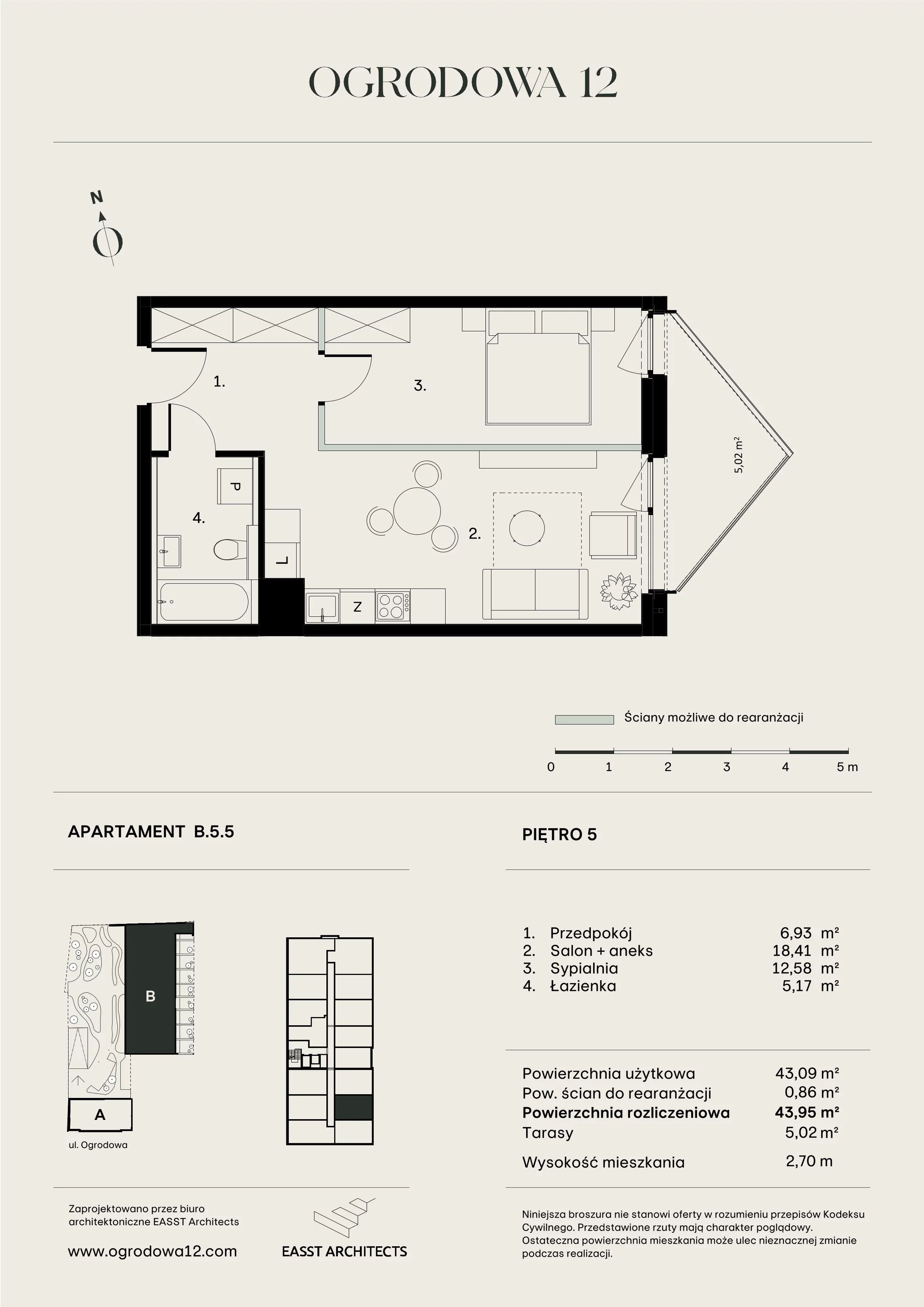 Mieszkanie 43,95 m², piętro 5, oferta nr B/5/5, Ogrodowa 12, Poznań, Stare Miasto, Stare Miasto, ul. Ogrodowa 12