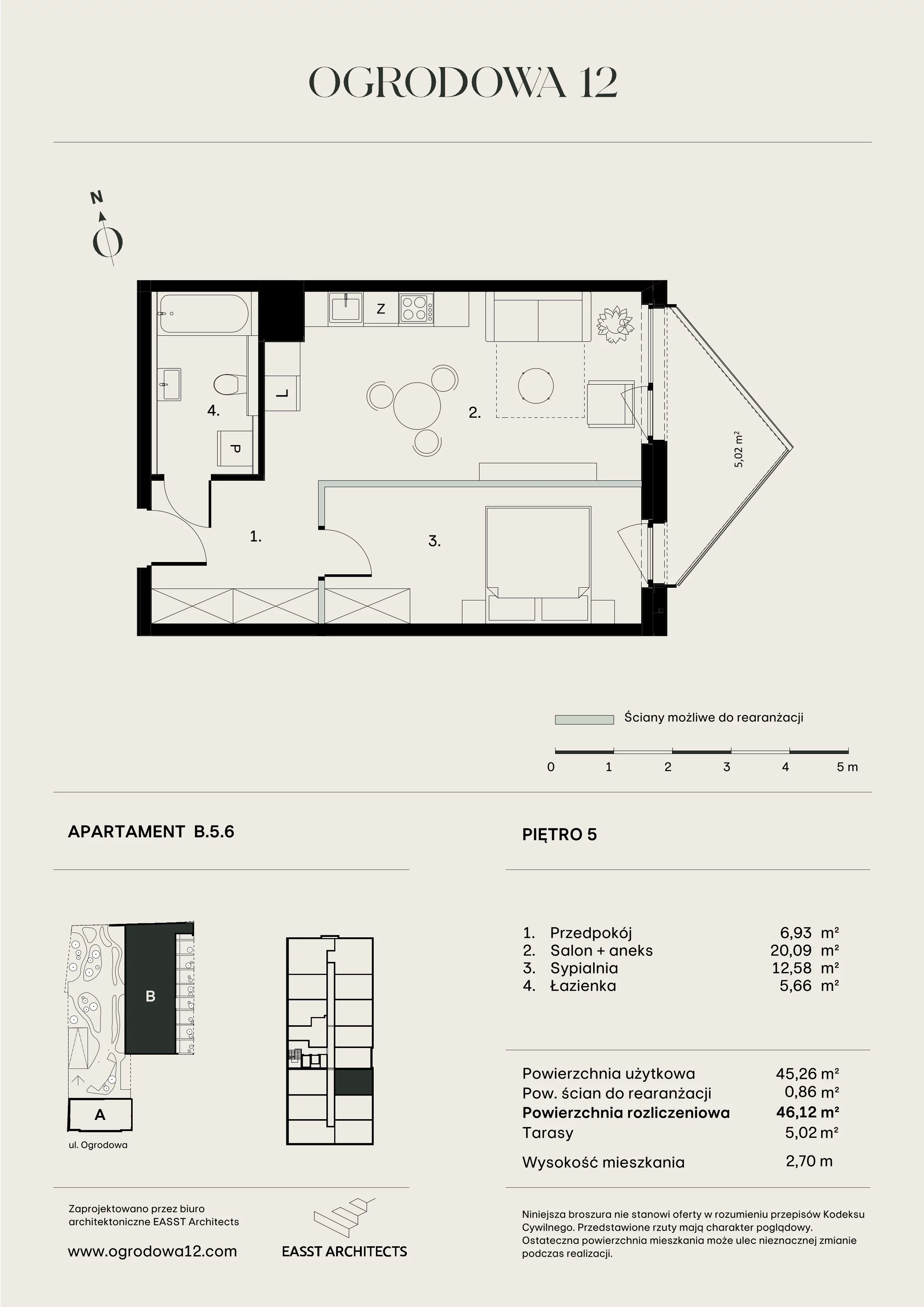 Mieszkanie 46,12 m², piętro 5, oferta nr B/5/6, Ogrodowa 12, Poznań, Stare Miasto, Stare Miasto, ul. Ogrodowa 12