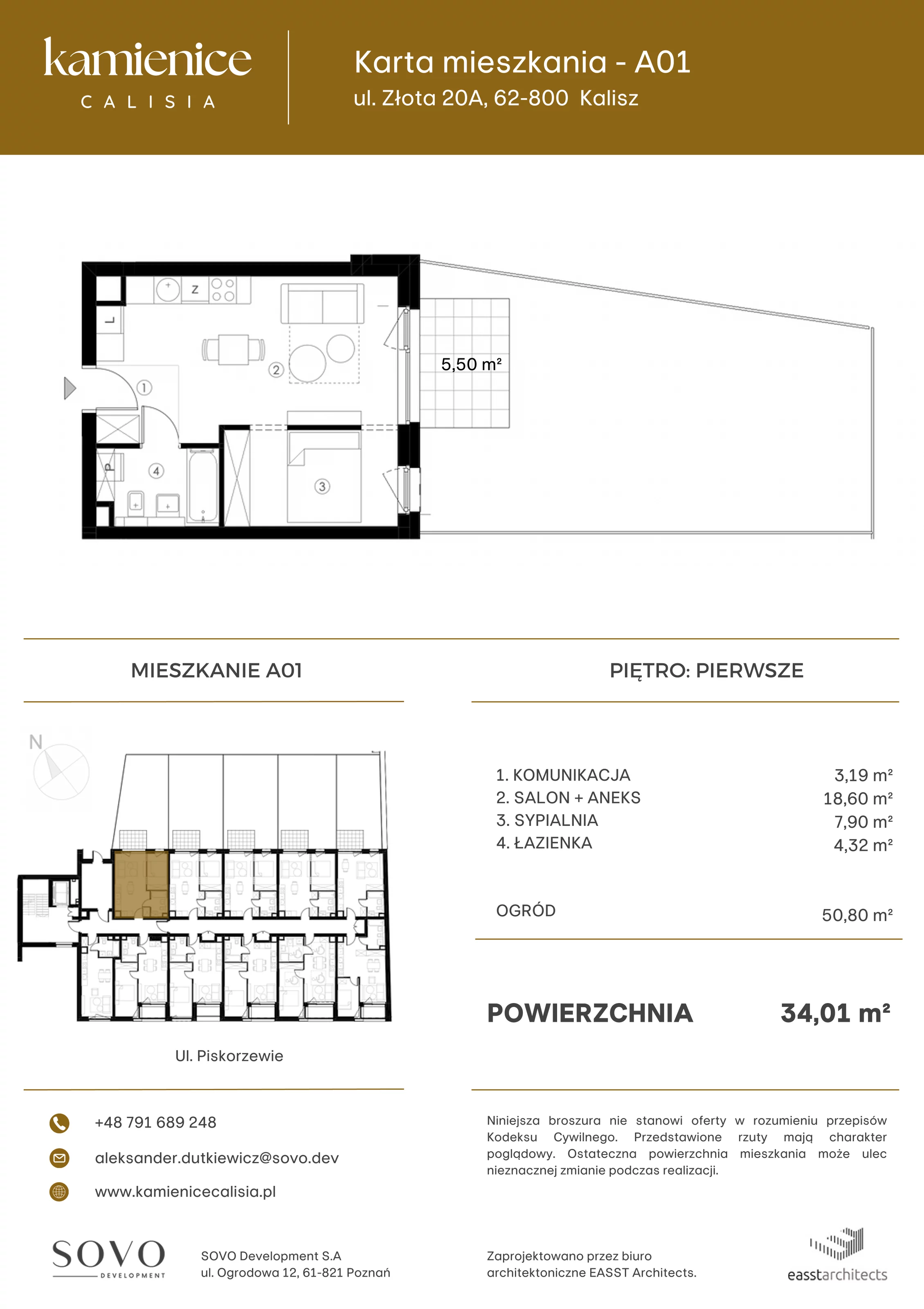 Mieszkanie 34,01 m², piętro 1, oferta nr A01, Kamienica Calisia, Kalisz, Śródmieście, ul. Złota 20A