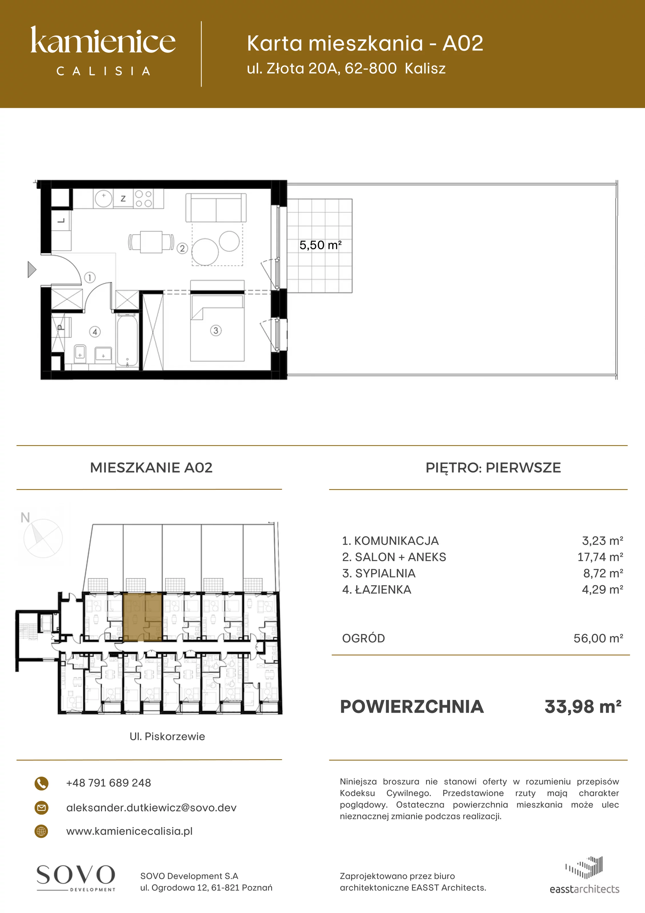 Mieszkanie 33,98 m², piętro 1, oferta nr A02, Kamienica Calisia, Kalisz, Śródmieście, ul. Złota 20A