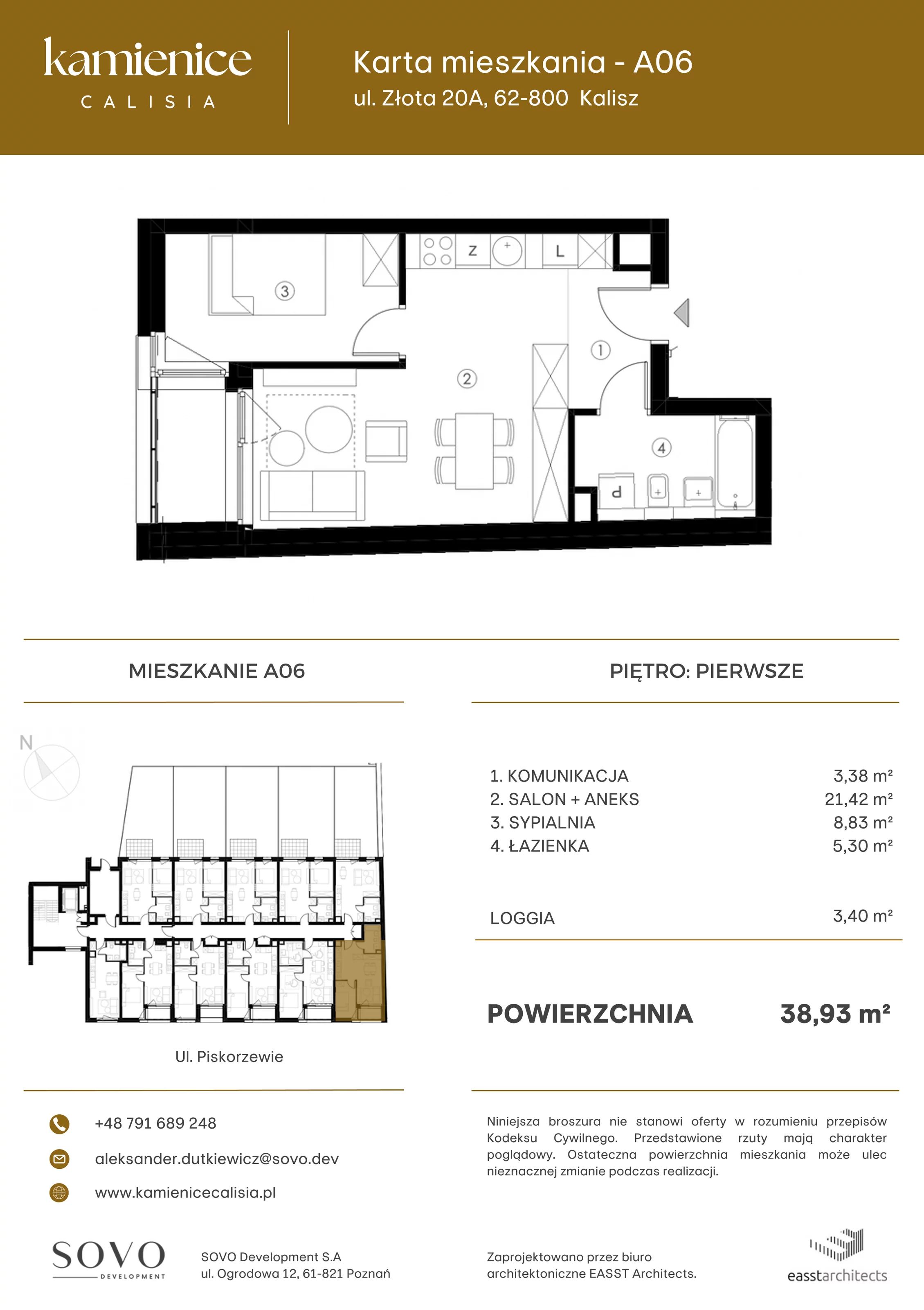 Mieszkanie 38,93 m², piętro 1, oferta nr A06, Kamienica Calisia, Kalisz, Śródmieście, ul. Złota 20A