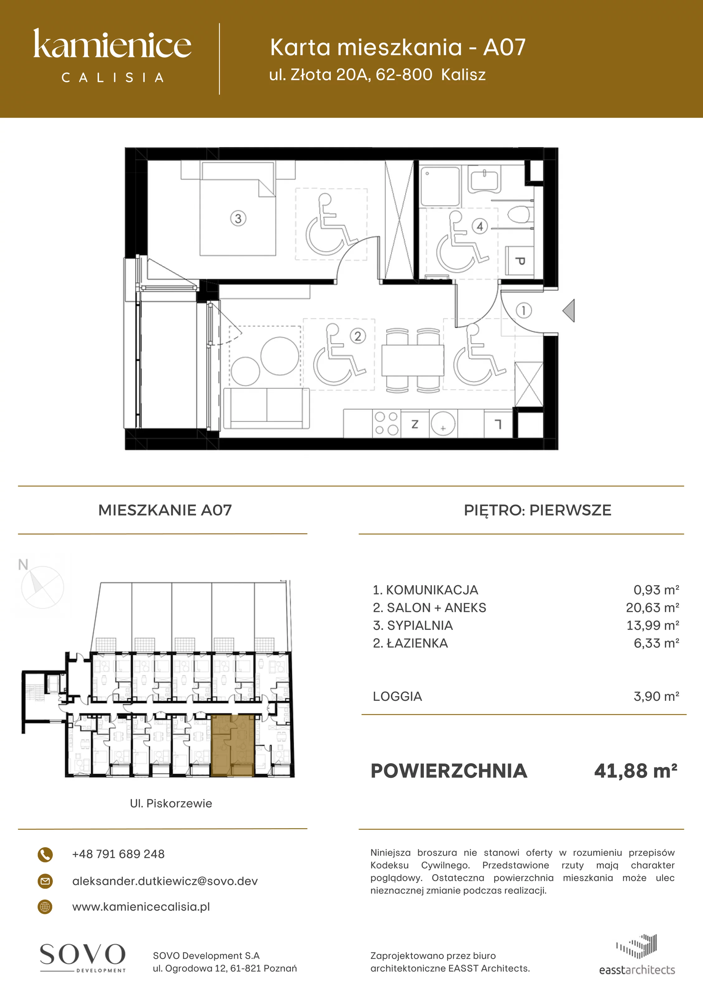 Mieszkanie 41,88 m², piętro 1, oferta nr A07, Kamienica Calisia, Kalisz, Śródmieście, ul. Złota 20A