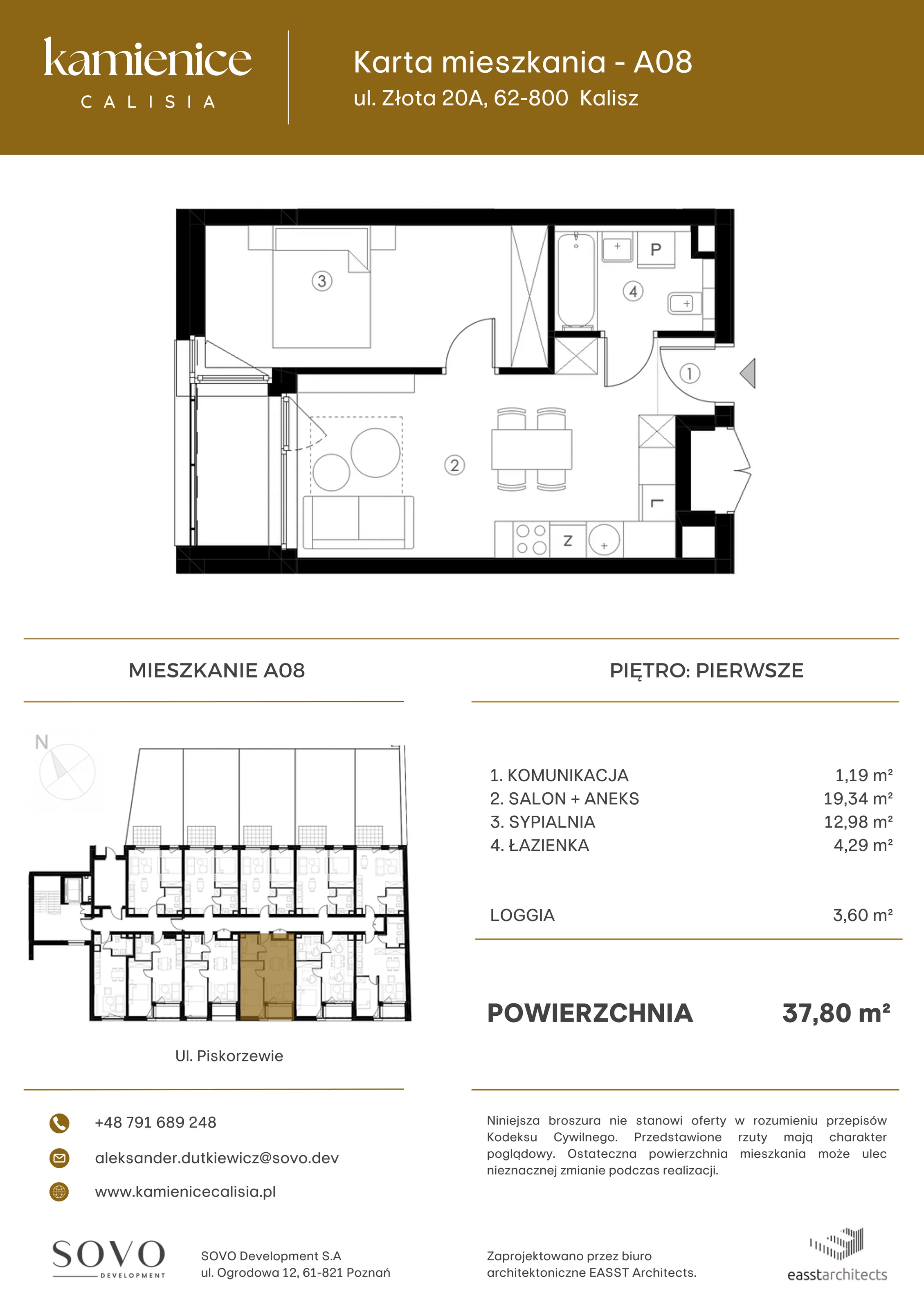 Mieszkanie 37,80 m², piętro 1, oferta nr A08, Kamienica Calisia, Kalisz, Śródmieście, ul. Złota 20A