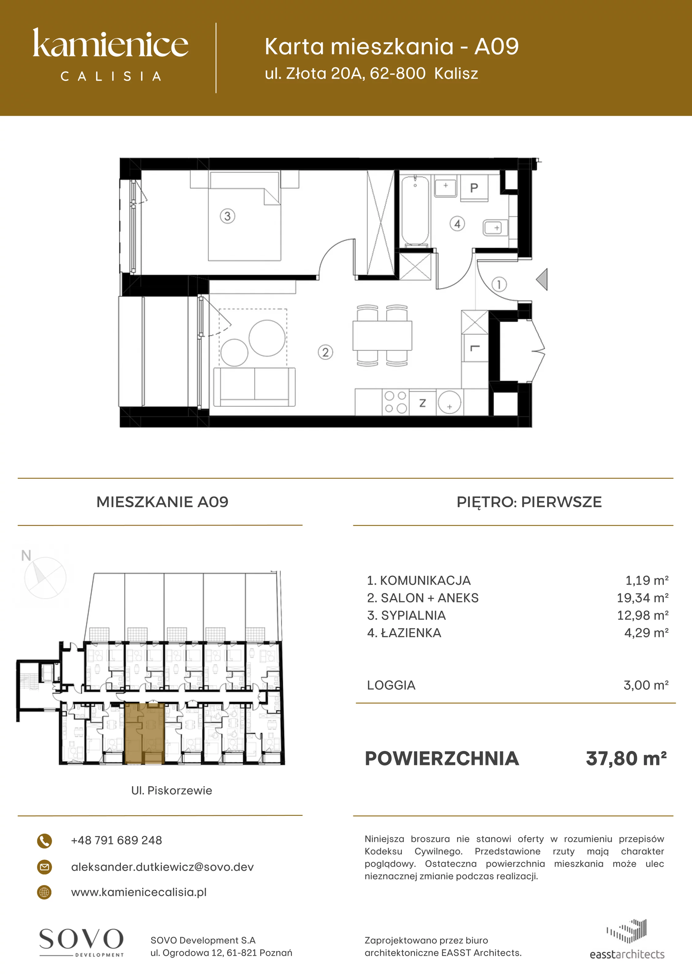 Mieszkanie 37,80 m², piętro 1, oferta nr A09, Kamienica Calisia, Kalisz, Śródmieście, ul. Złota 20A