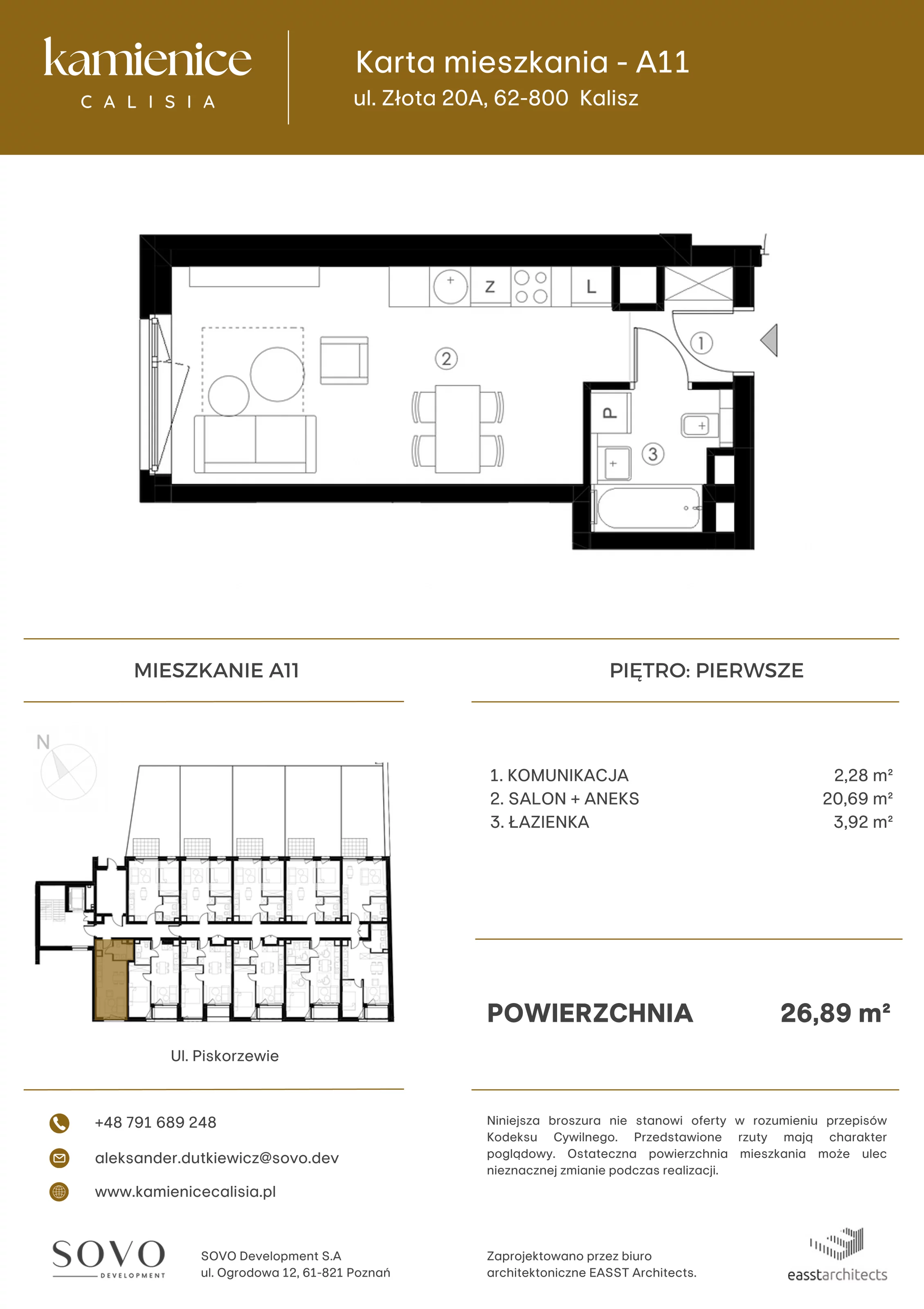 Mieszkanie 26,89 m², piętro 1, oferta nr A11, Kamienica Calisia, Kalisz, Śródmieście, ul. Złota 20A