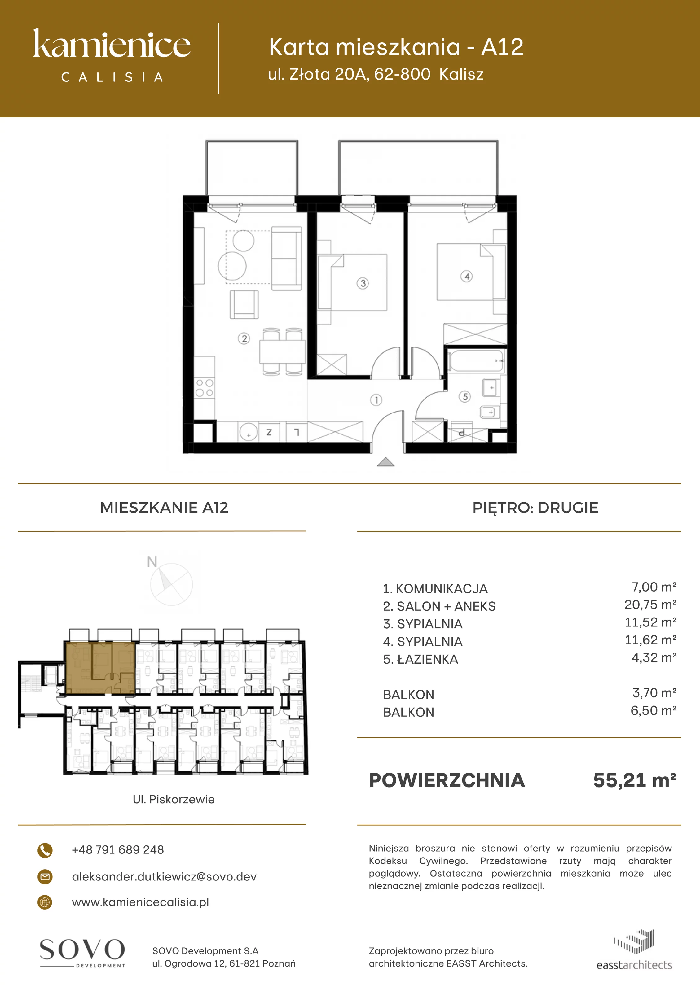 Mieszkanie 55,21 m², piętro 2, oferta nr A12, Kamienica Calisia, Kalisz, Śródmieście, ul. Złota 20A