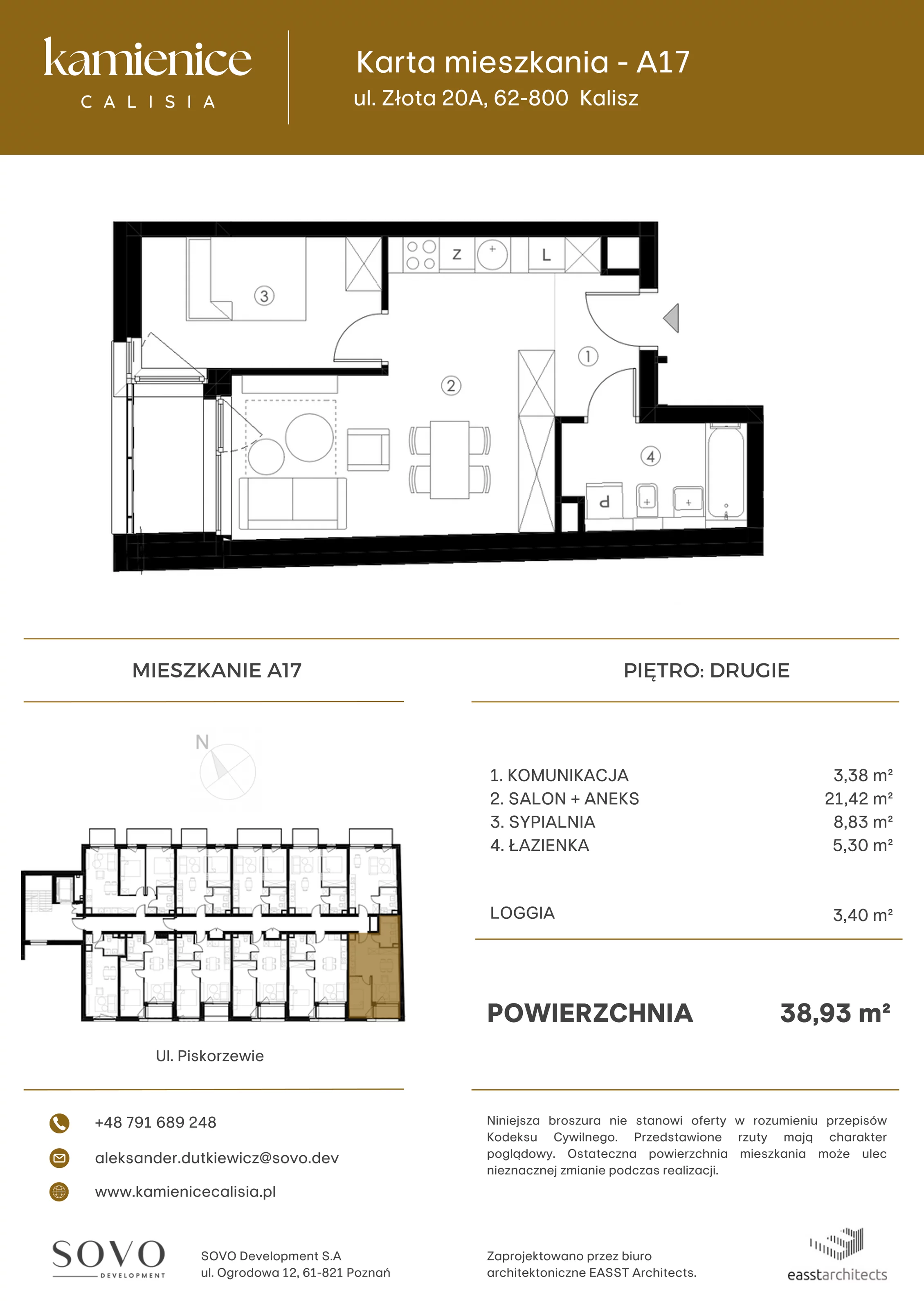 Mieszkanie 38,93 m², piętro 2, oferta nr A17, Kamienica Calisia, Kalisz, Śródmieście, ul. Złota 20A