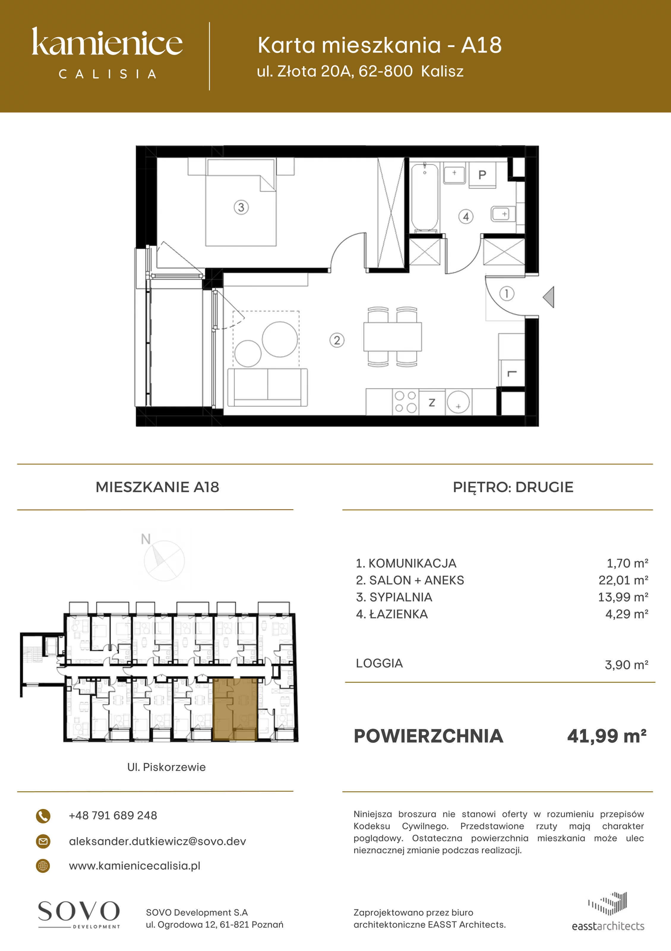 Mieszkanie 41,99 m², piętro 2, oferta nr A18, Kamienica Calisia, Kalisz, Śródmieście, ul. Złota 20A