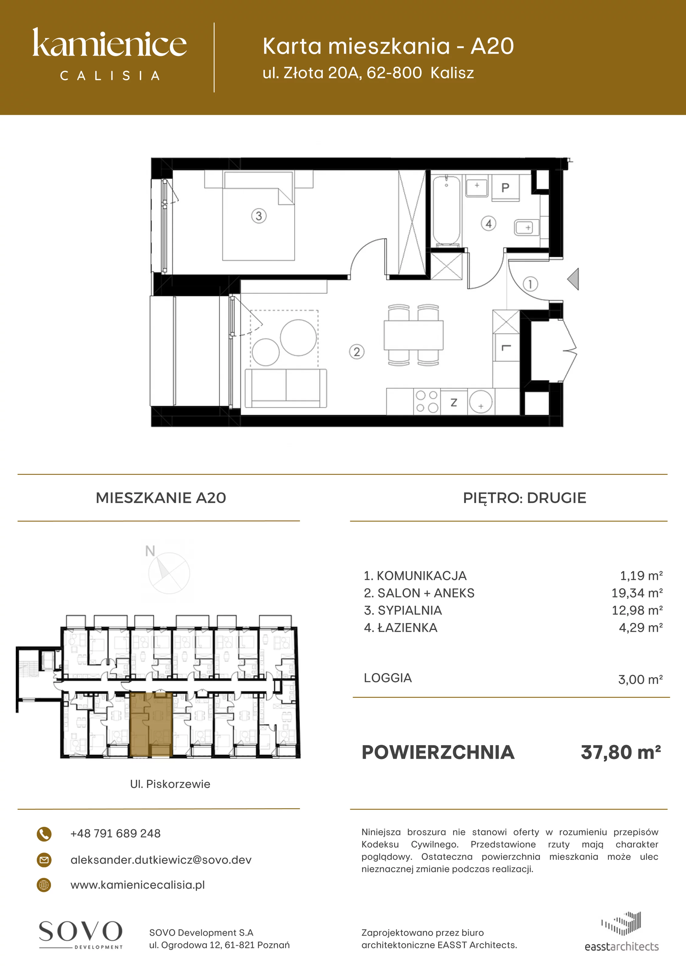 Mieszkanie 37,80 m², piętro 2, oferta nr A20, Kamienica Calisia, Kalisz, Śródmieście, ul. Złota 20A