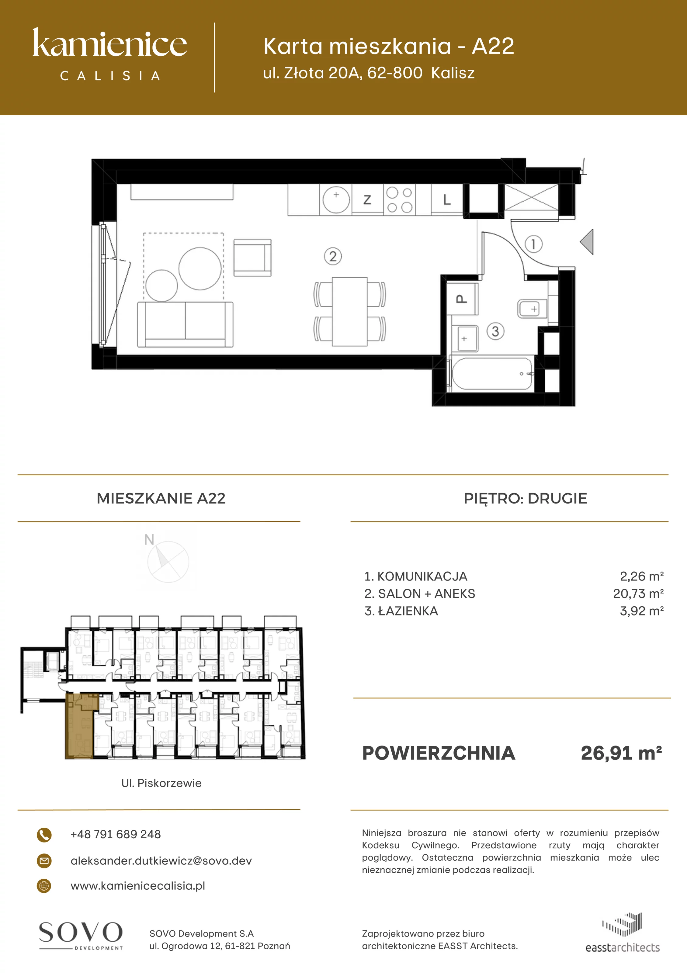 Mieszkanie 26,91 m², piętro 2, oferta nr A22, Kamienica Calisia, Kalisz, Śródmieście, ul. Złota 20A