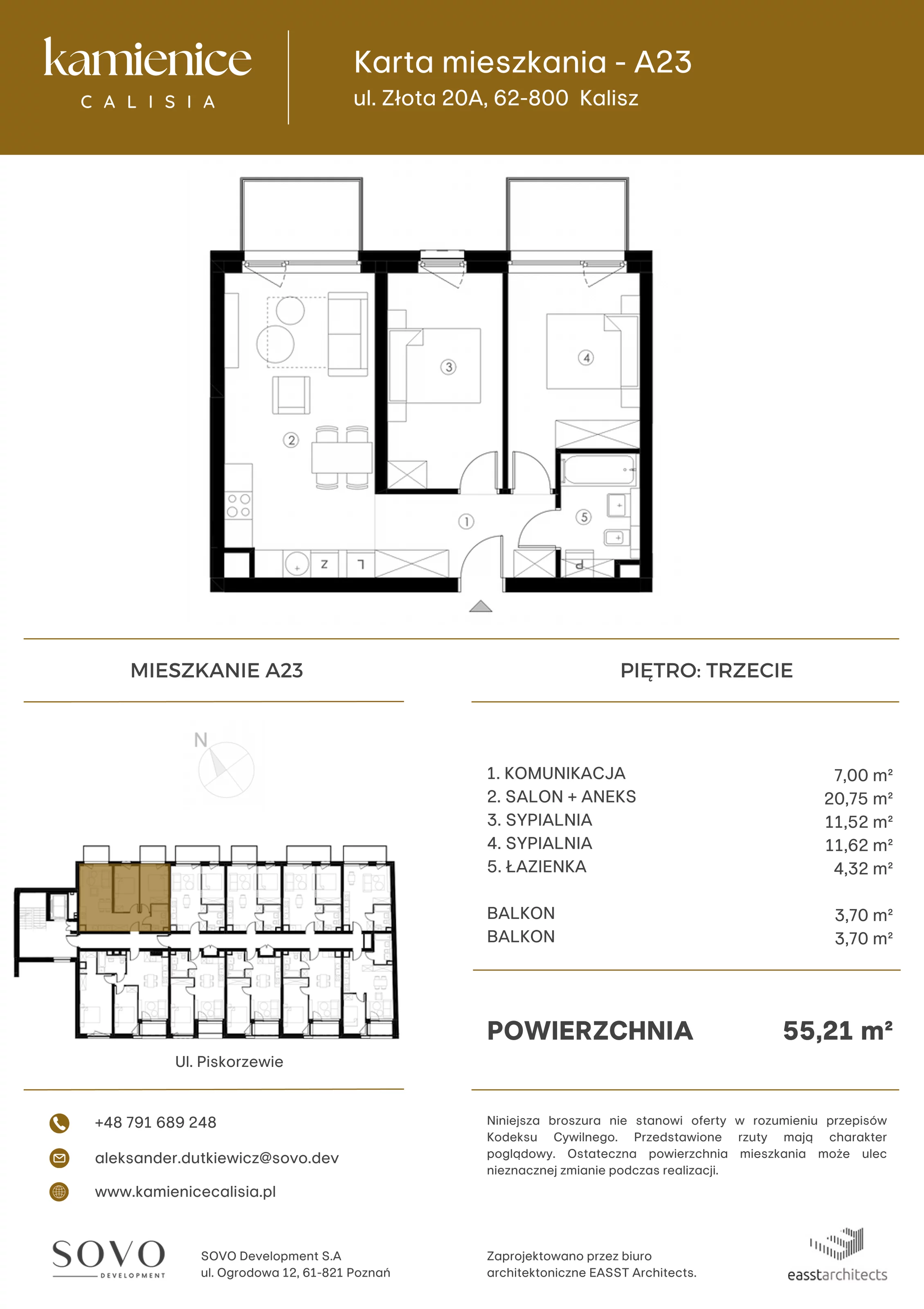 Mieszkanie 55,21 m², piętro 3, oferta nr A23, Kamienica Calisia, Kalisz, Śródmieście, ul. Złota 20A