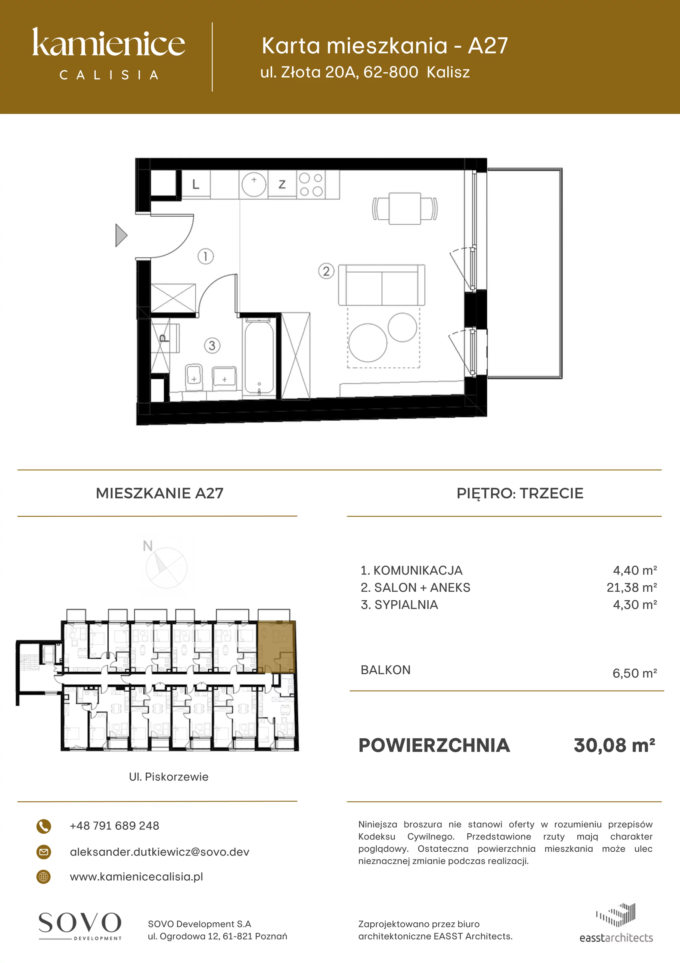 Mieszkanie 30,08 m², piętro 3, oferta nr A27, Kamienica Calisia, Kalisz, Śródmieście, ul. Złota 20A