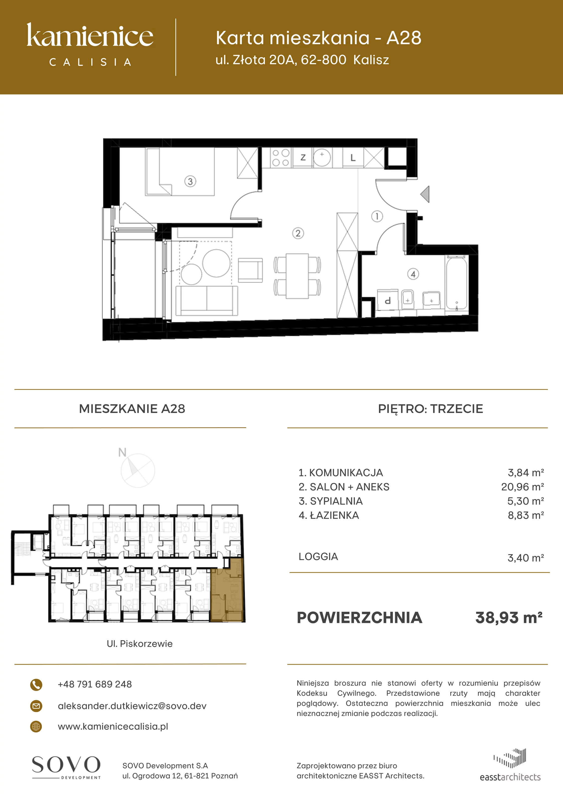 Mieszkanie 38,93 m², piętro 3, oferta nr A28, Kamienica Calisia, Kalisz, Śródmieście, ul. Złota 20A