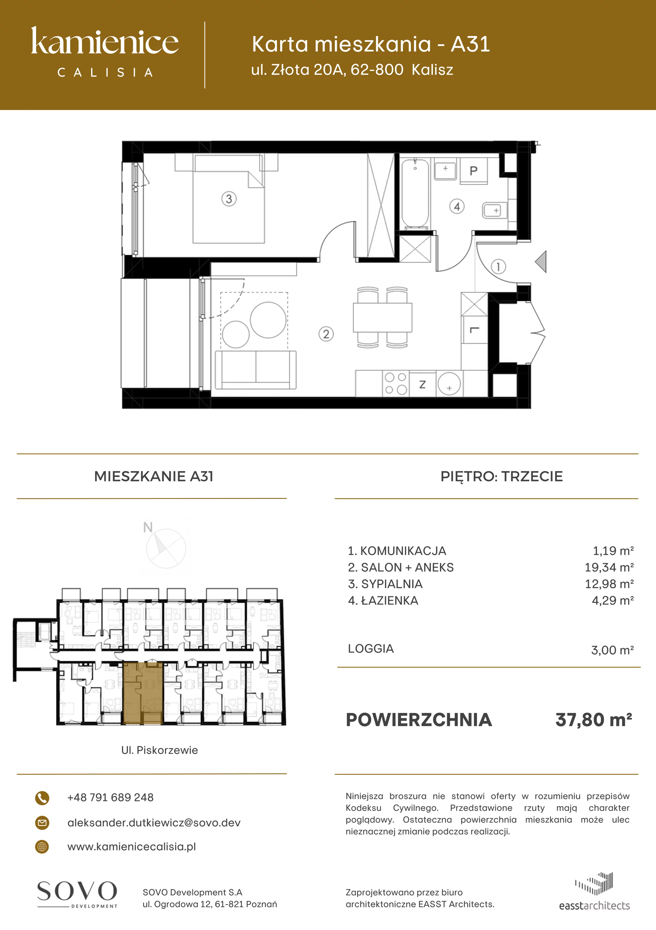 Mieszkanie 37,80 m², piętro 3, oferta nr A31, Kamienica Calisia, Kalisz, Śródmieście, ul. Złota 20A