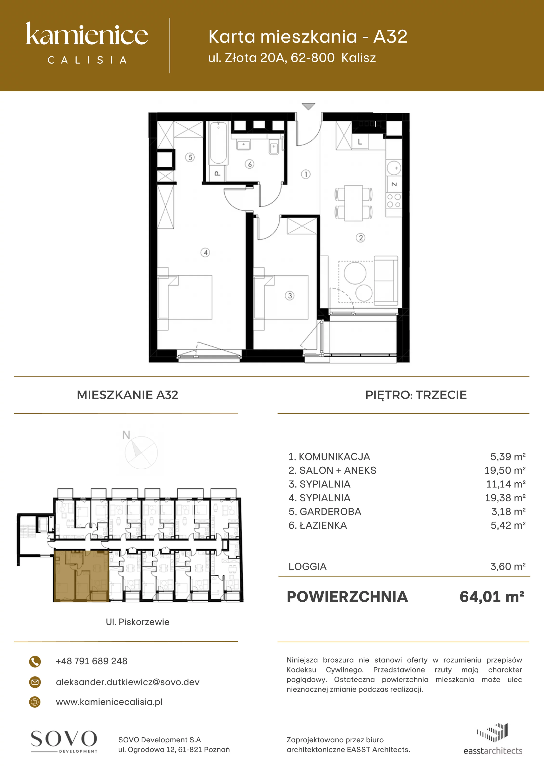 Mieszkanie 64,01 m², piętro 3, oferta nr A32, Kamienica Calisia, Kalisz, Śródmieście, ul. Złota 20A