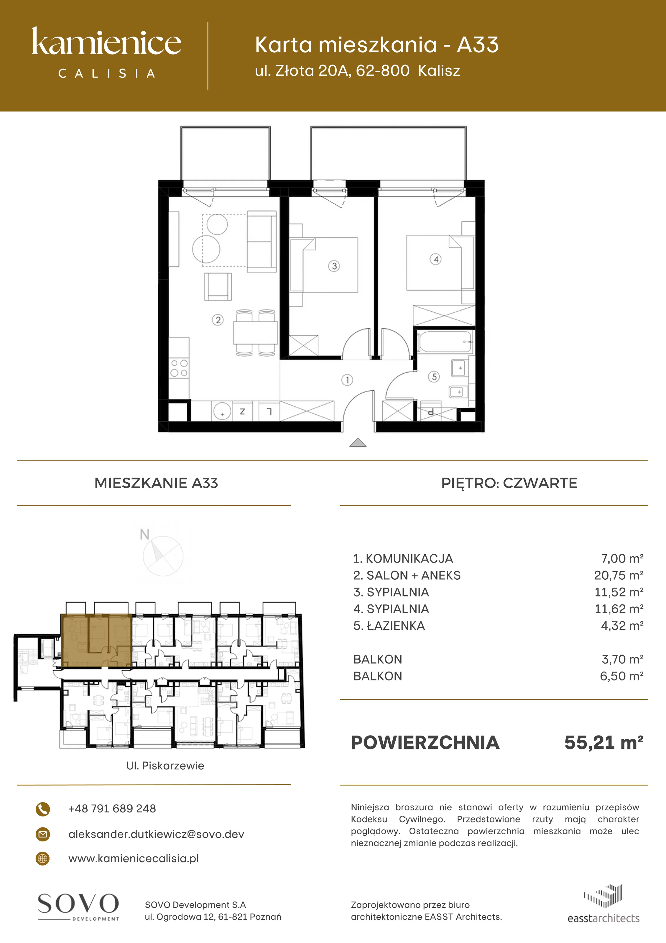 Mieszkanie 55,21 m², piętro 4, oferta nr A33, Kamienica Calisia, Kalisz, Śródmieście, ul. Złota 20A