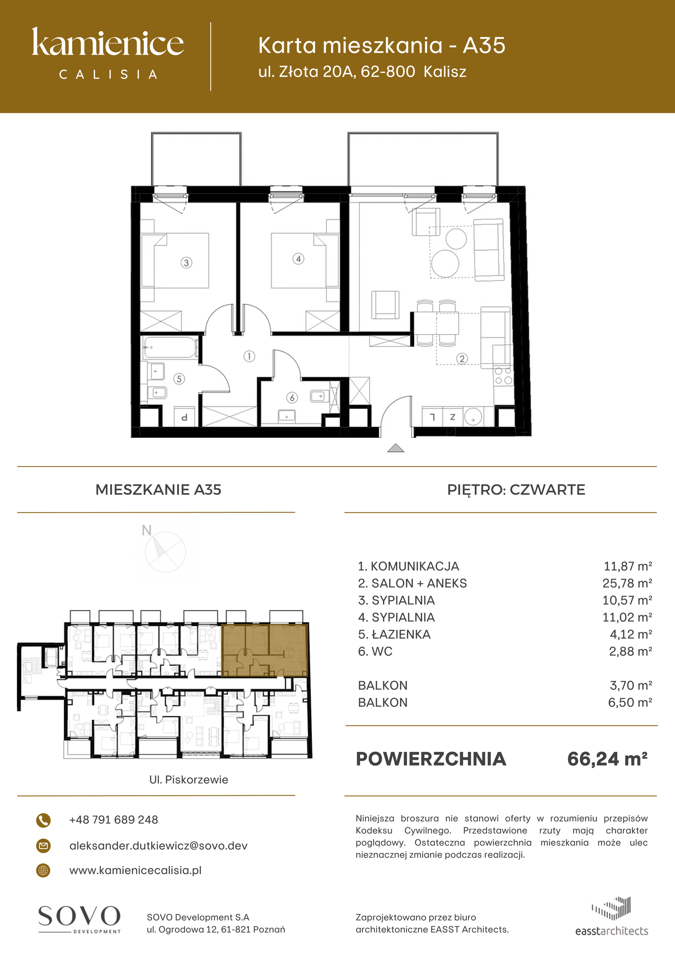 Mieszkanie 66,24 m², piętro 4, oferta nr A35, Kamienica Calisia, Kalisz, Śródmieście, ul. Złota 20A