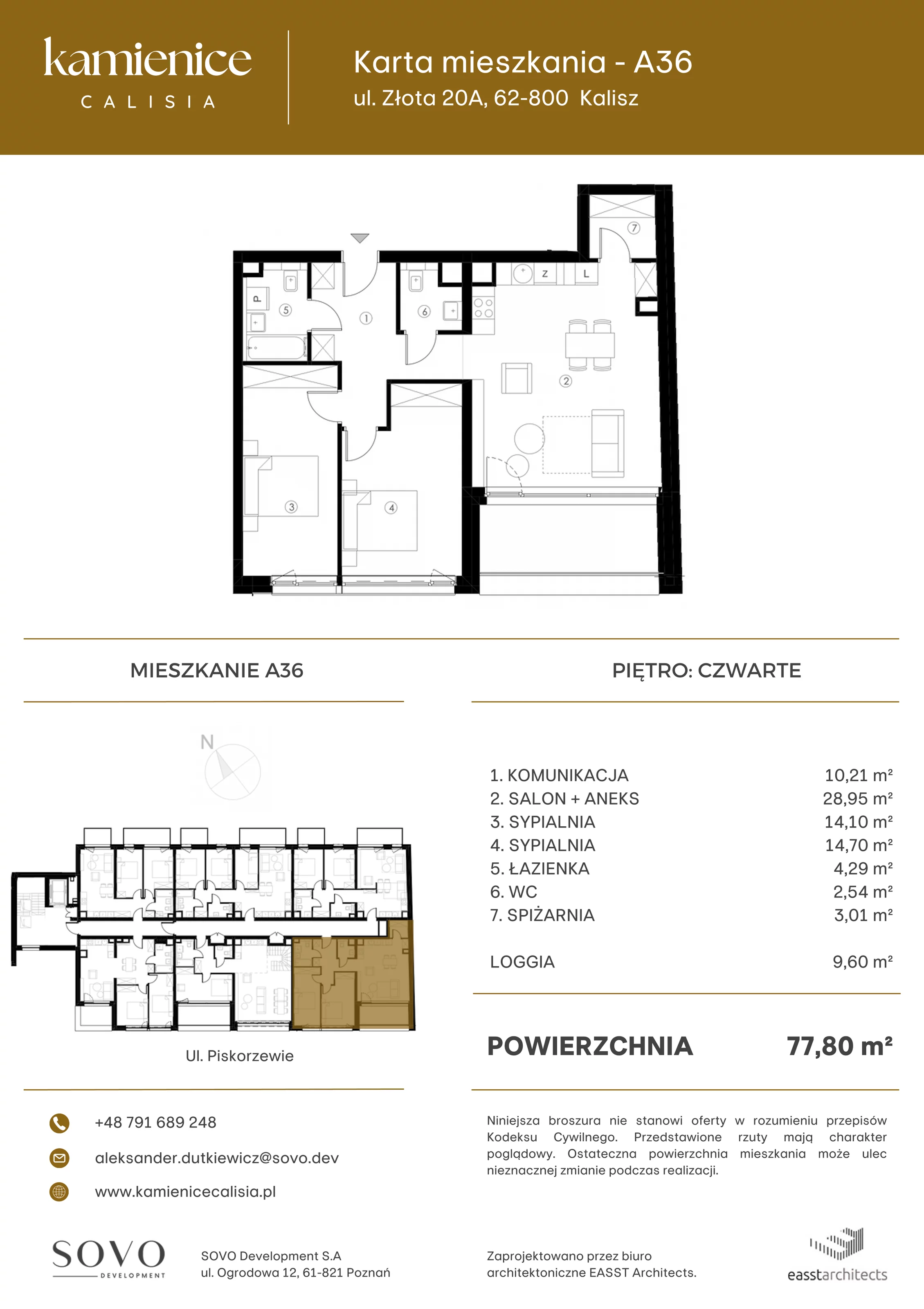 Mieszkanie 77,80 m², piętro 4, oferta nr A36, Kamienica Calisia, Kalisz, Śródmieście, ul. Złota 20A