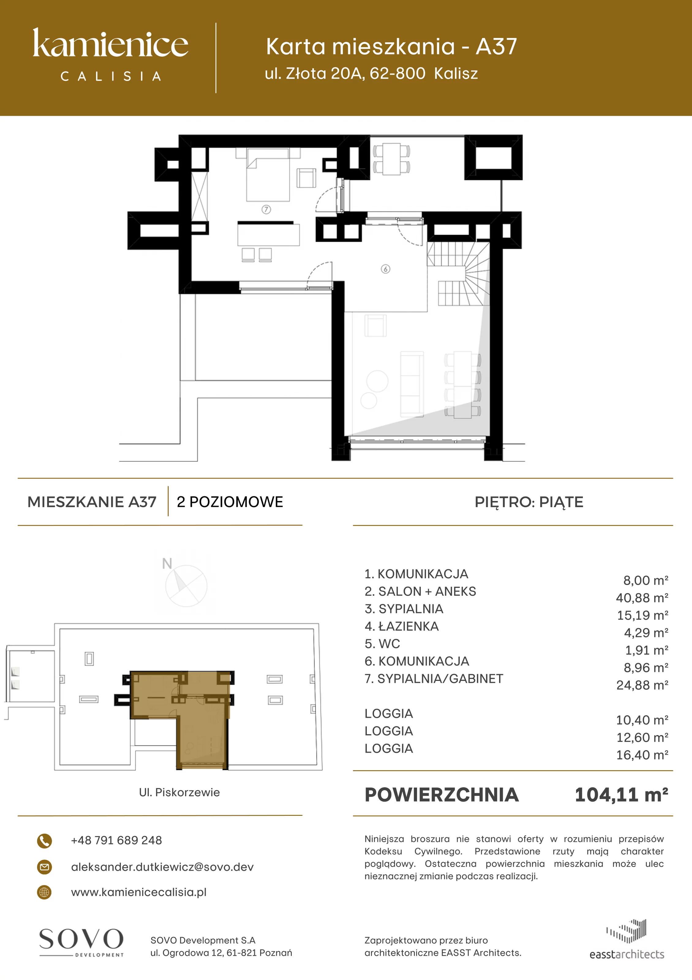 Mieszkanie 104,11 m², piętro 5, oferta nr A37, Kamienica Calisia, Kalisz, Śródmieście, ul. Złota 20A