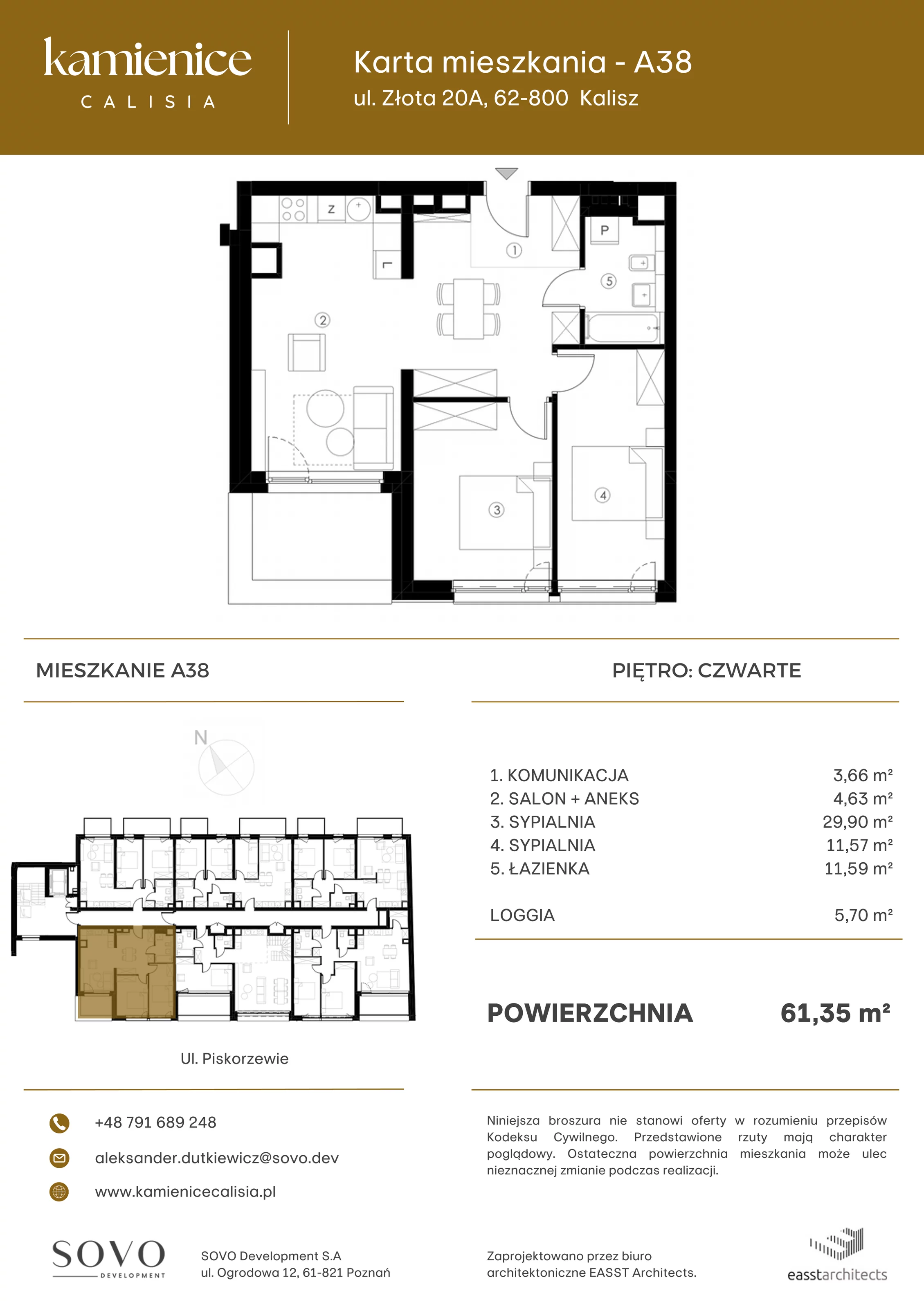 Mieszkanie 61,35 m², piętro 4, oferta nr A38, Kamienica Calisia, Kalisz, Śródmieście, ul. Złota 20A