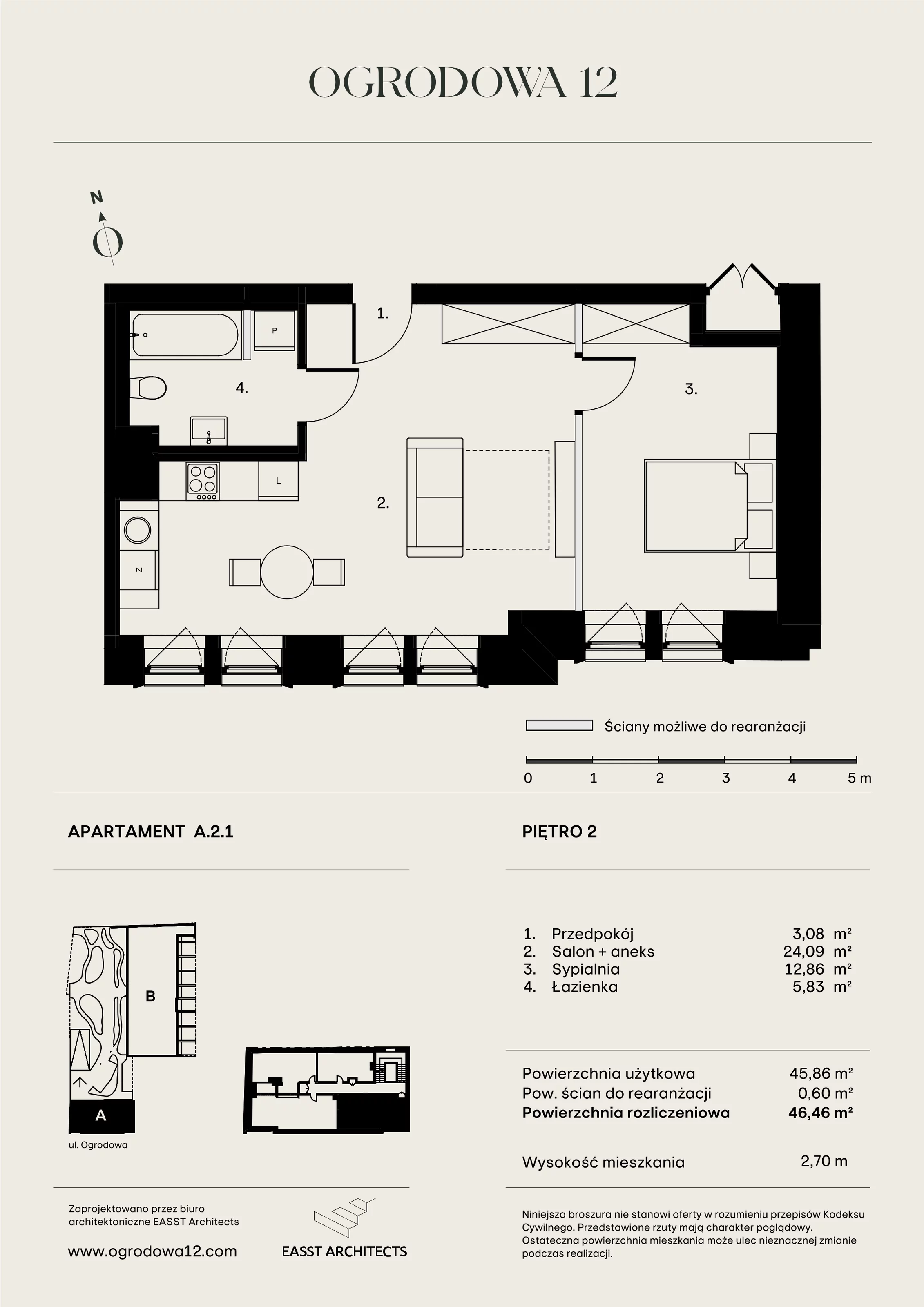 Mieszkanie 46,46 m², piętro 2, oferta nr A/2/1, Ogrodowa 12, Poznań, Stare Miasto, Stare Miasto, ul. Ogrodowa 12