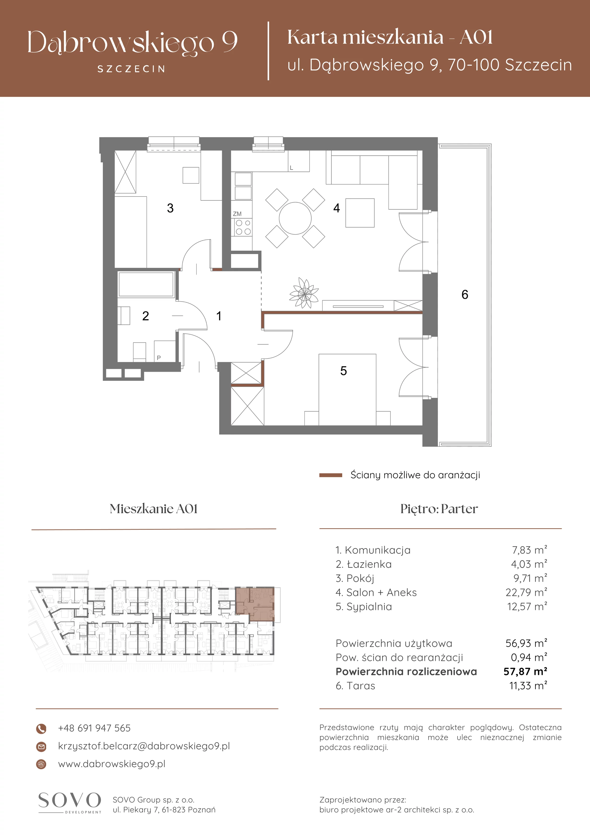 3 pokoje, mieszkanie 56,93 m², parter, oferta nr A01, Dąbrowskiego 9, Szczecin, Zachód, ul. Dąbrowskiego / Piekary