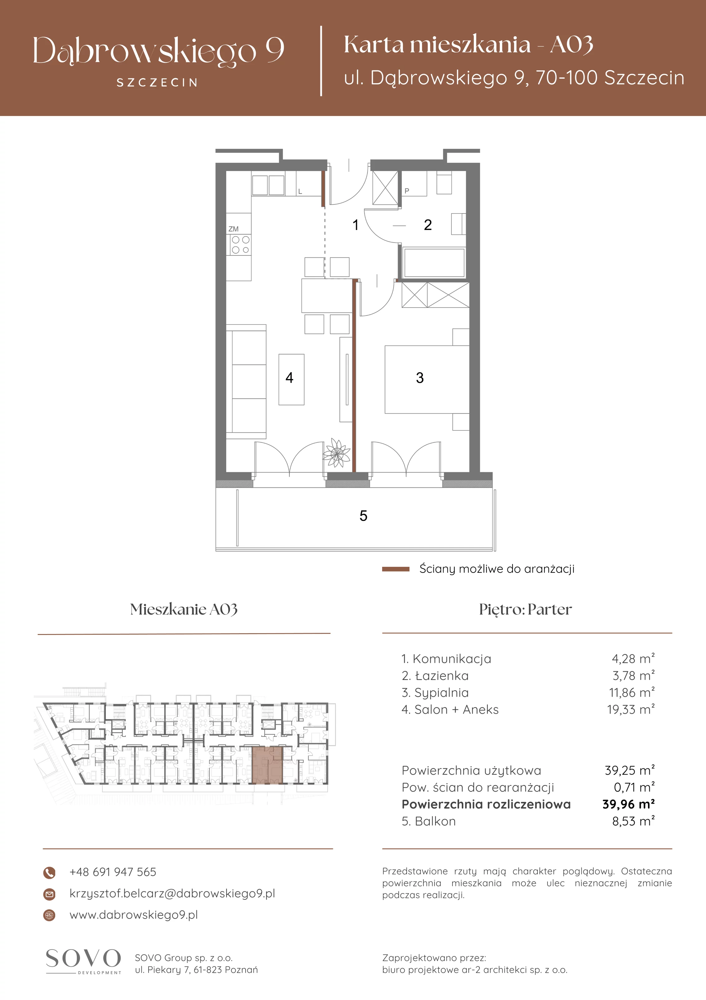 2 pokoje, mieszkanie 39,25 m², parter, oferta nr A03, Dąbrowskiego 9, Szczecin, Zachód, ul. Dąbrowskiego / Piekary