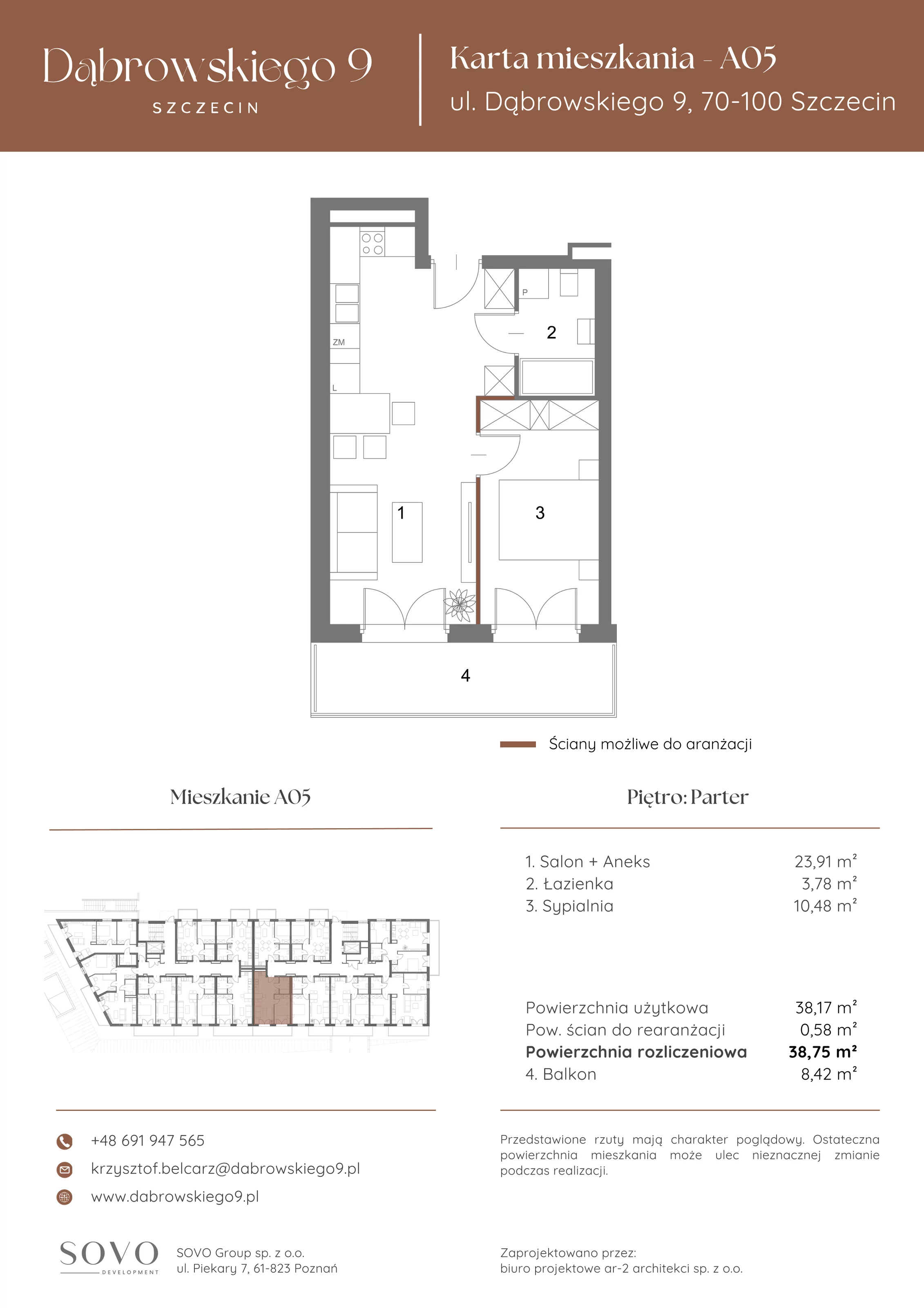 2 pokoje, mieszkanie 38,17 m², parter, oferta nr A05, Dąbrowskiego 9, Szczecin, Zachód, ul. Dąbrowskiego / Piekary