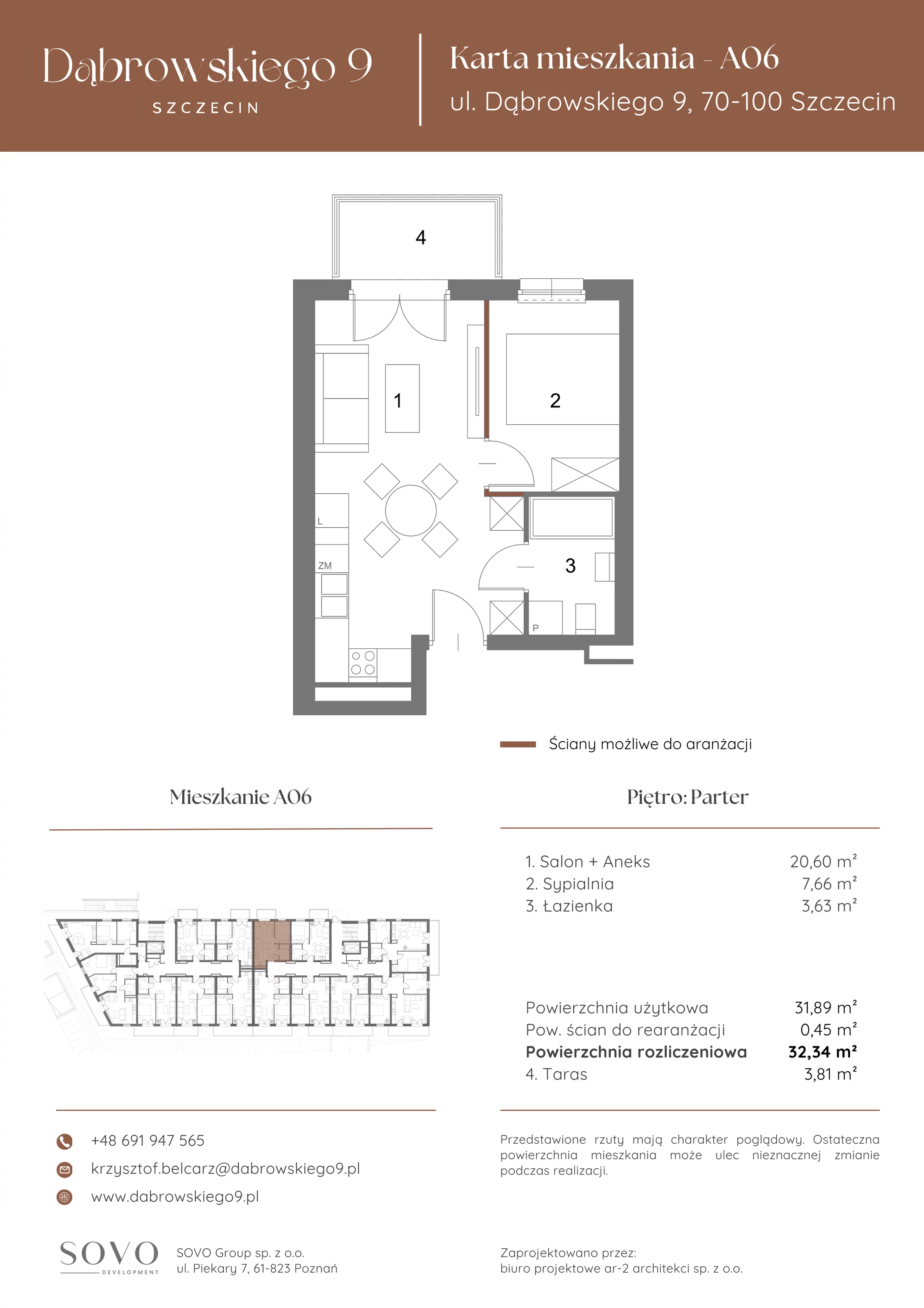 2 pokoje, mieszkanie 31,89 m², parter, oferta nr A06, Dąbrowskiego 9, Szczecin, Zachód, ul. Dąbrowskiego / Piekary